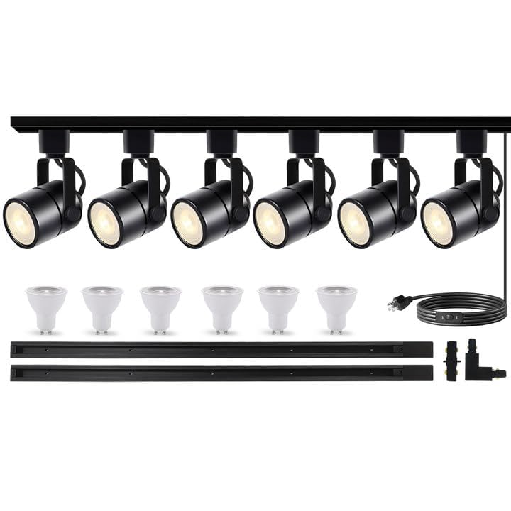 LED Track Lighting Heads Kit, 6-Lights Dimmable GU10 Track Lights with 6.56FT(3.28 * 2) H Type Track Light Rails, 10W 4000K Warm Light Indoor Ceiling Spotlight Fixture Replaceable GU10 Bulb