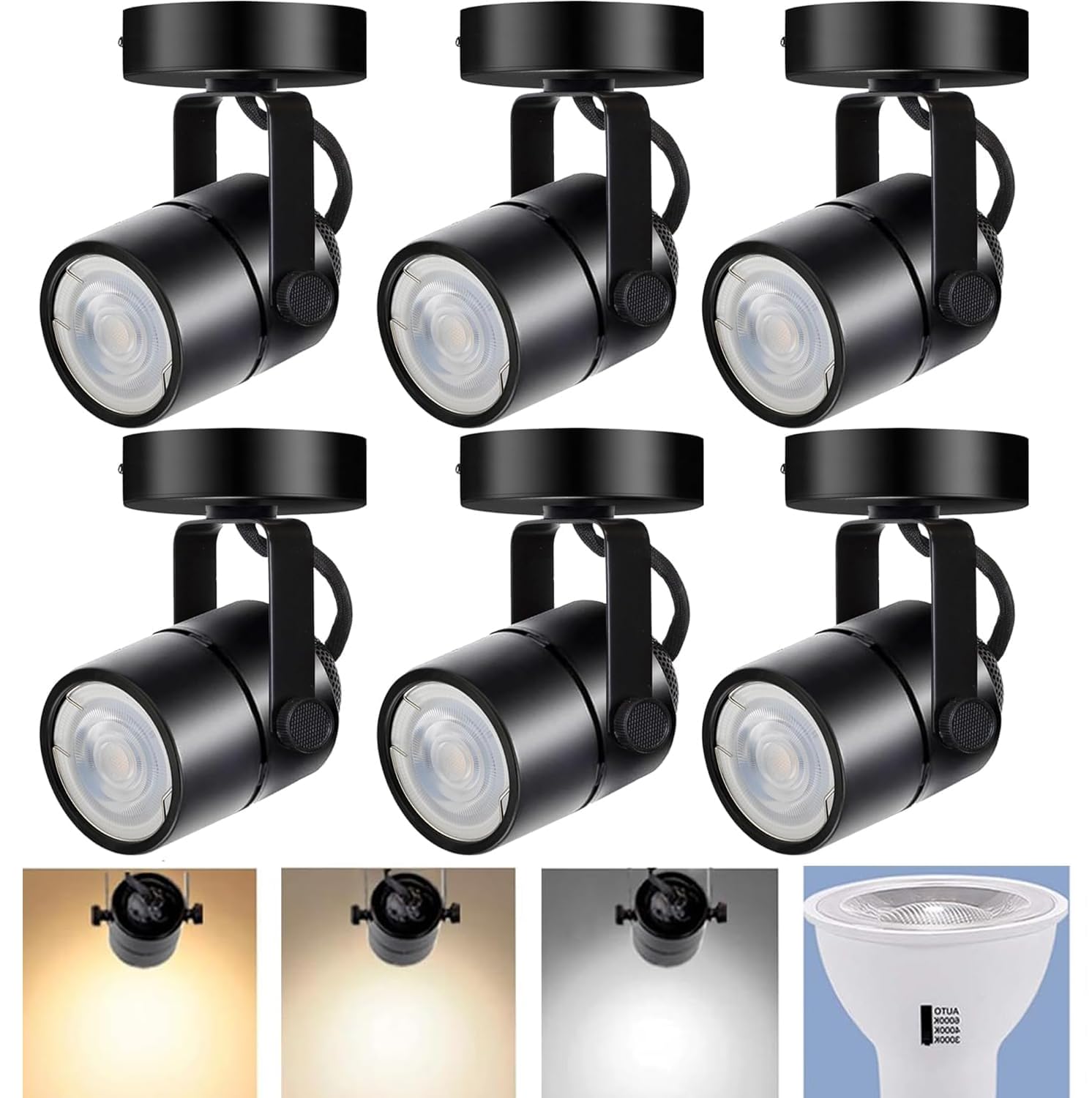 GU10 Ceiling Spotlight, 6 Packs Anti-Glare Ceiling Spot Light Fixtures, 10W GU10 Bulb 3CCT LED Light, Accent Lights for Shops, Supermarkets, Kitchens (Black)