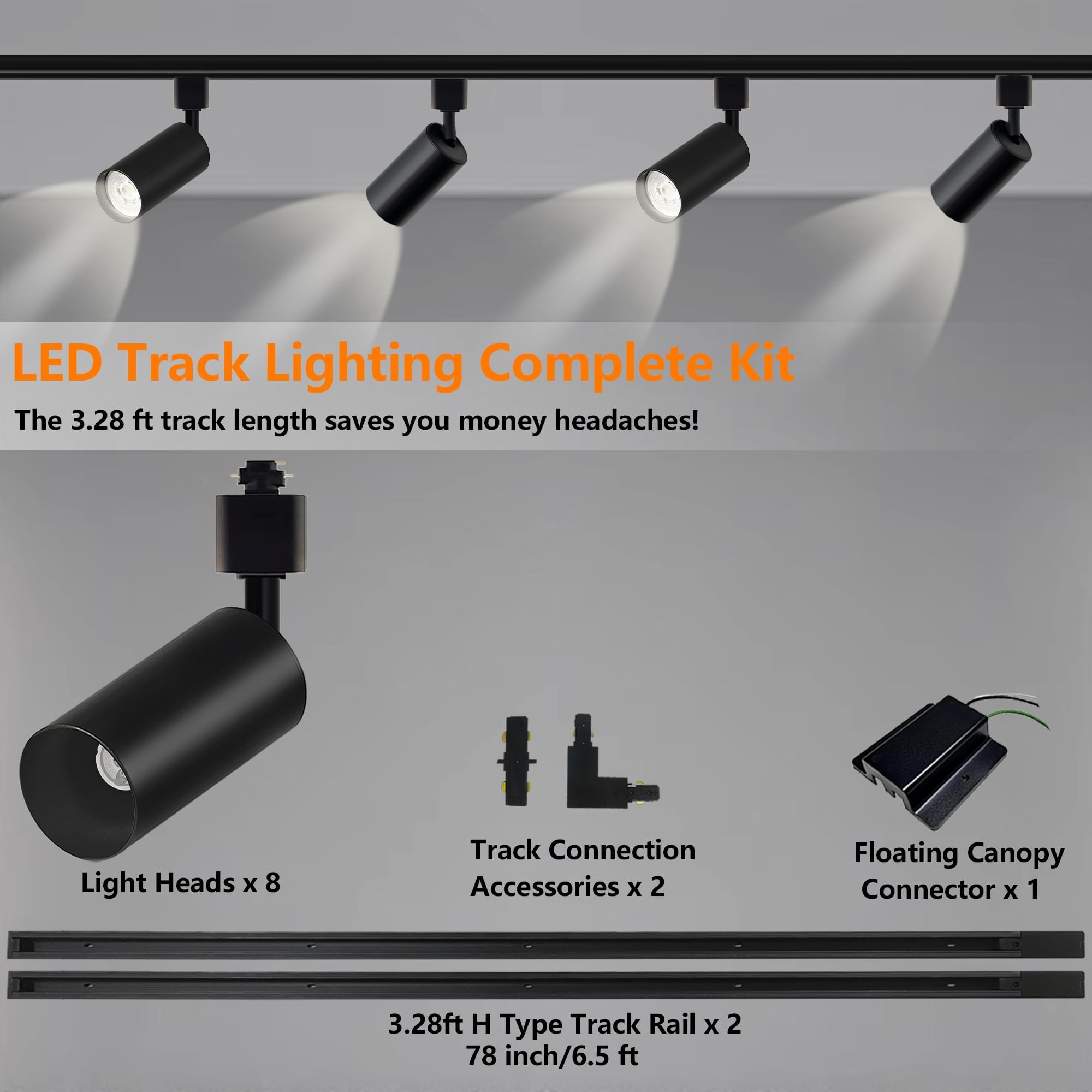 Bravsekai GU10 LED Track Lighting Kit, No Bulbs 10W Track Light Heads with 2 * 3.28FT H Track Light Rail 8PCS Ceiling Spotlight Fixture for GU10 Bulb, Bulbs Excluded