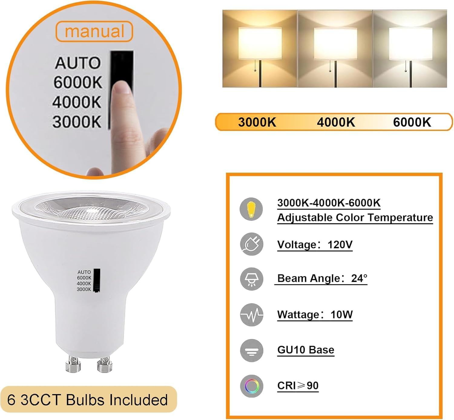 GU10 Ceiling Spotlight, 6 Packs Anti-Glare Ceiling Spot Light Fixtures, 10W GU10 Bulb 3CCT LED Light, Accent Lights for Shops, Supermarkets, Kitchens (Black)