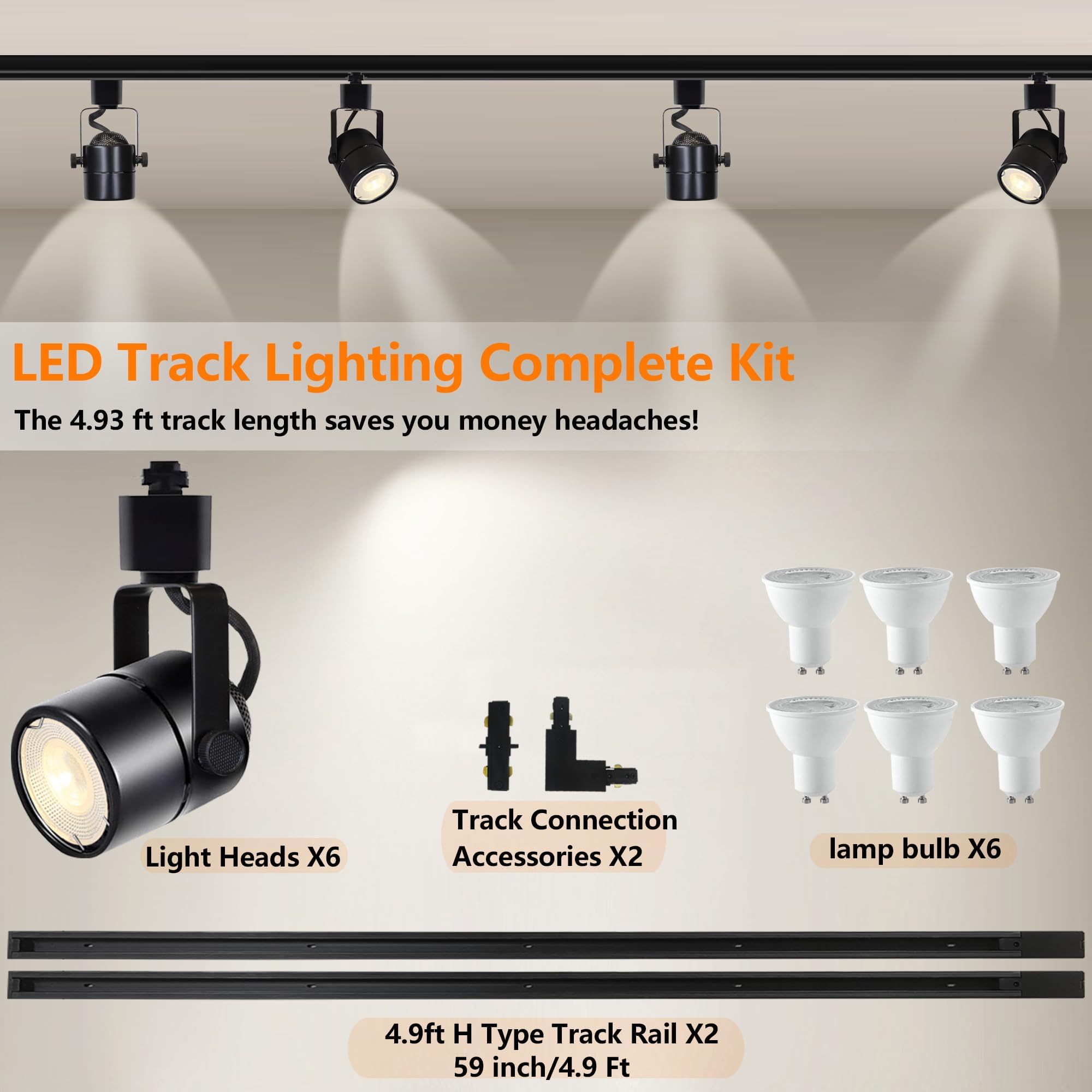 LED Track Lighting Heads Kit, 6-Lights Dimmable GU10 Track Lights with 6.56FT(3.28 * 2) H Type Track Light Rails, 10W 4000K Warm Light Indoor Ceiling Spotlight Fixture Replaceable GU10 Bulb