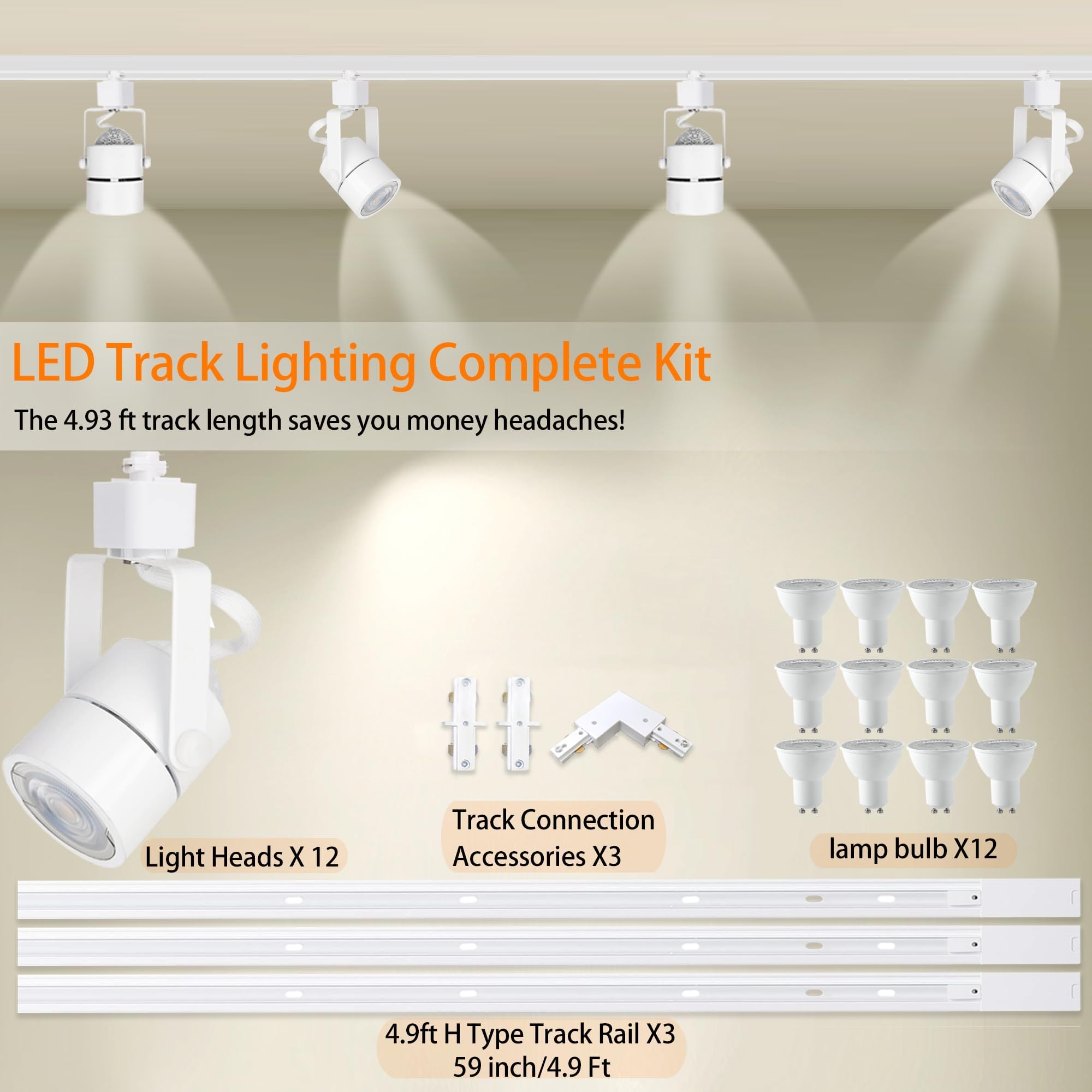 Bravsekai 12 Packs GU10 H Track Lighting Kits with 4.9FT*3 H Type Track Rails, LED Track Lighting Fixtures, Replaceable GU10 Bulb Ceiling Spotlight Fixture