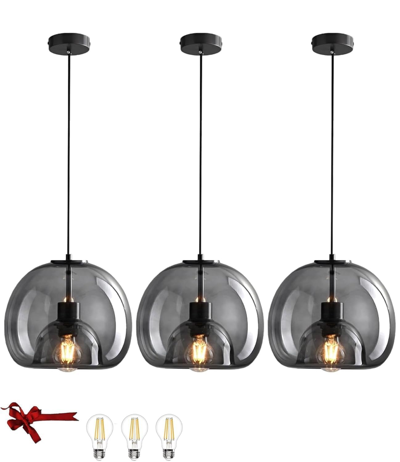 3-Pack Large Smoke Glass Pendant Lights for Kitchen Island, Includes Extra Bulbs & 4.26FT Adjustable Cord, Modern Pendant Lighting Fixtures for Kitchen, Dining Room, Living Room