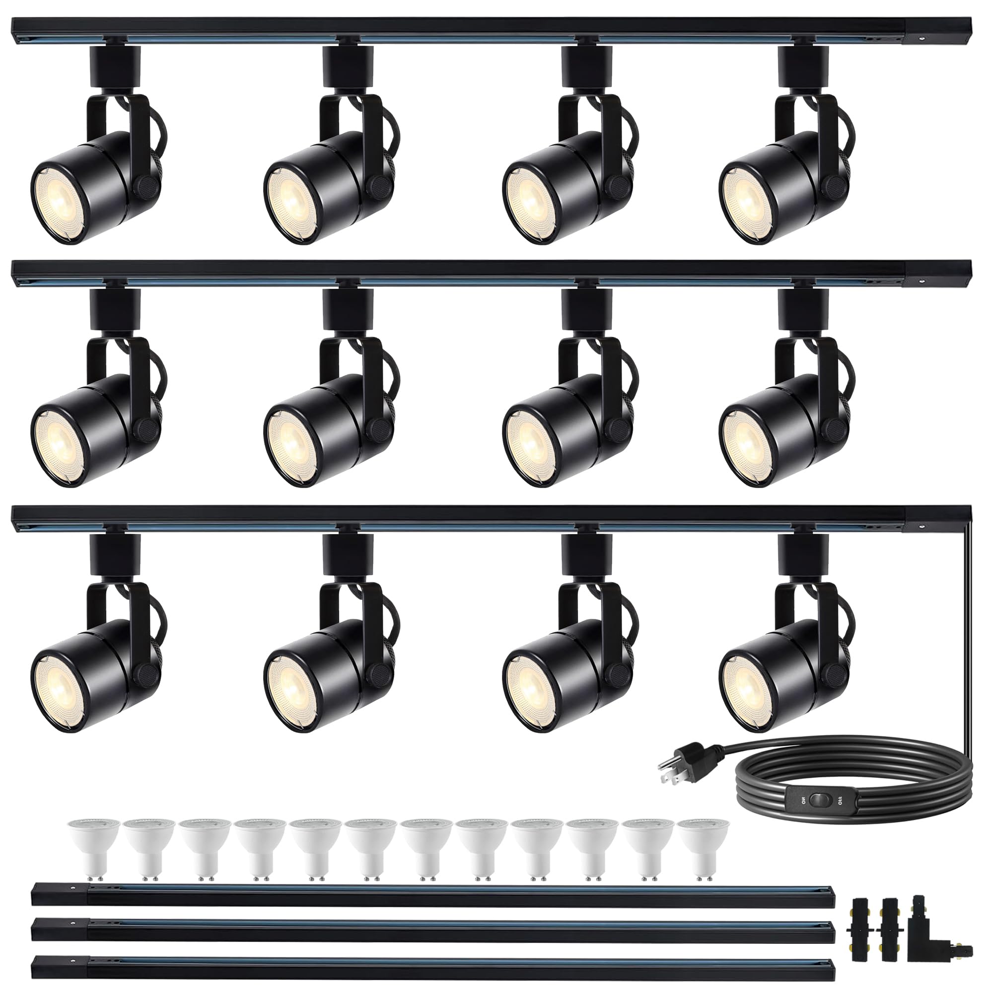 Bravsekai LED Track Lighting Heads Kit 3000K Warm White, 12-Light Dimmable GU10 Track Lights Heads, Ceiling Spotlight Fixture with 14.76FT H Type Track Light Rails, Replaceable GU10 LED Bulbs for Home