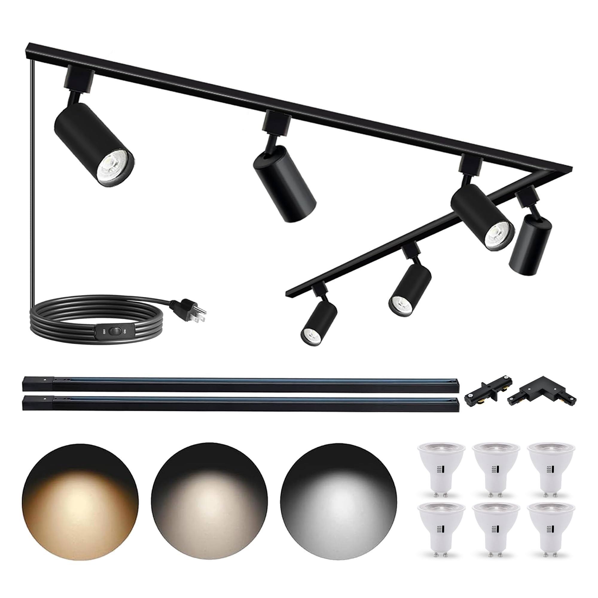 Bravsekai Plug in 3CCT Track Lighting Complete Kit with 2 * 3.28FT H Track Light Rails and 120V 6x10W GU10 Track Lighting Heads Brightness Dimmable Ceiling Spotlight Fixture for Accent Illumination