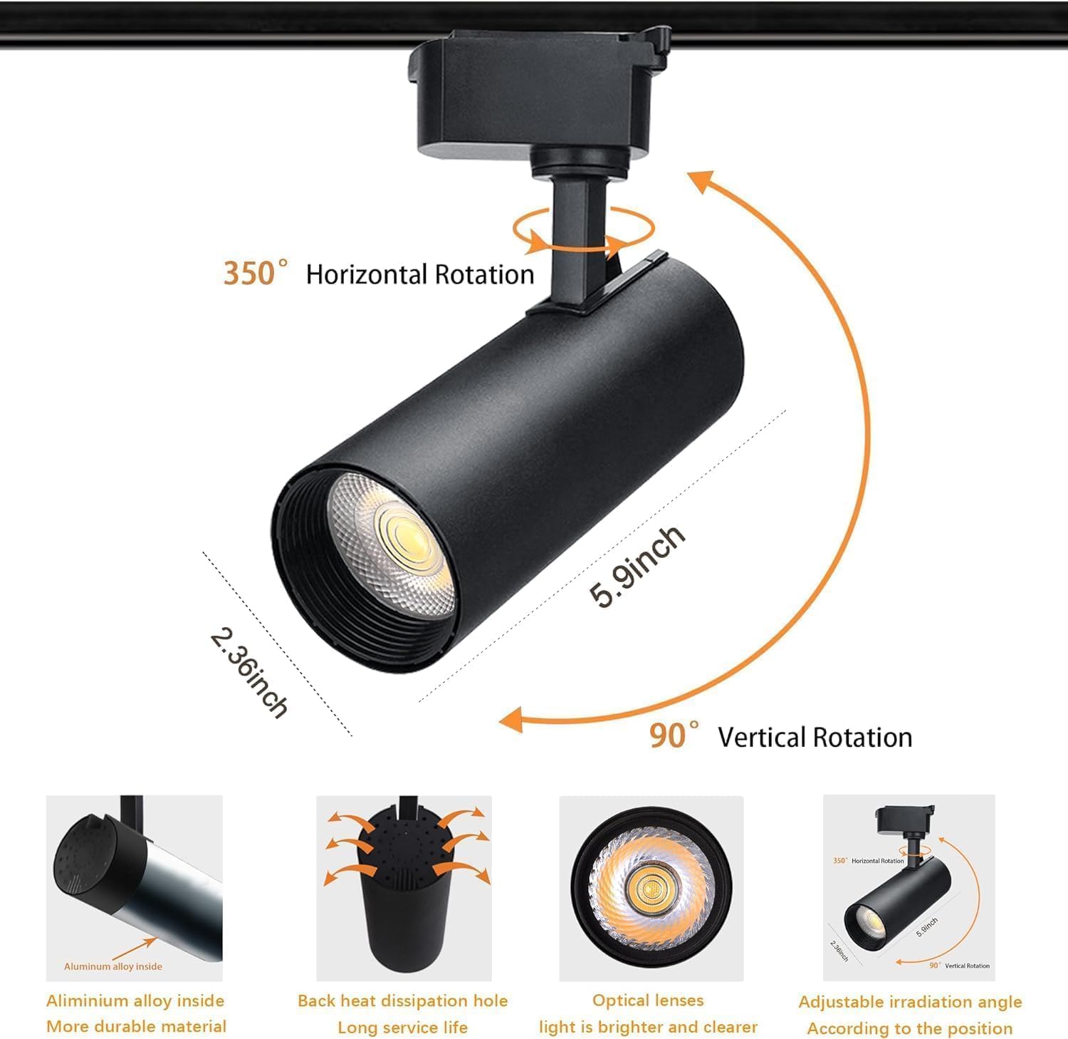 LED Track Lighting Heads, 2-Lights 10W Dimmable Track Lights Head with Single-Circuit H Type Track Light Rails 6000K Cold White Ceiling Spotlight Fixture for Indoor Home Commercial