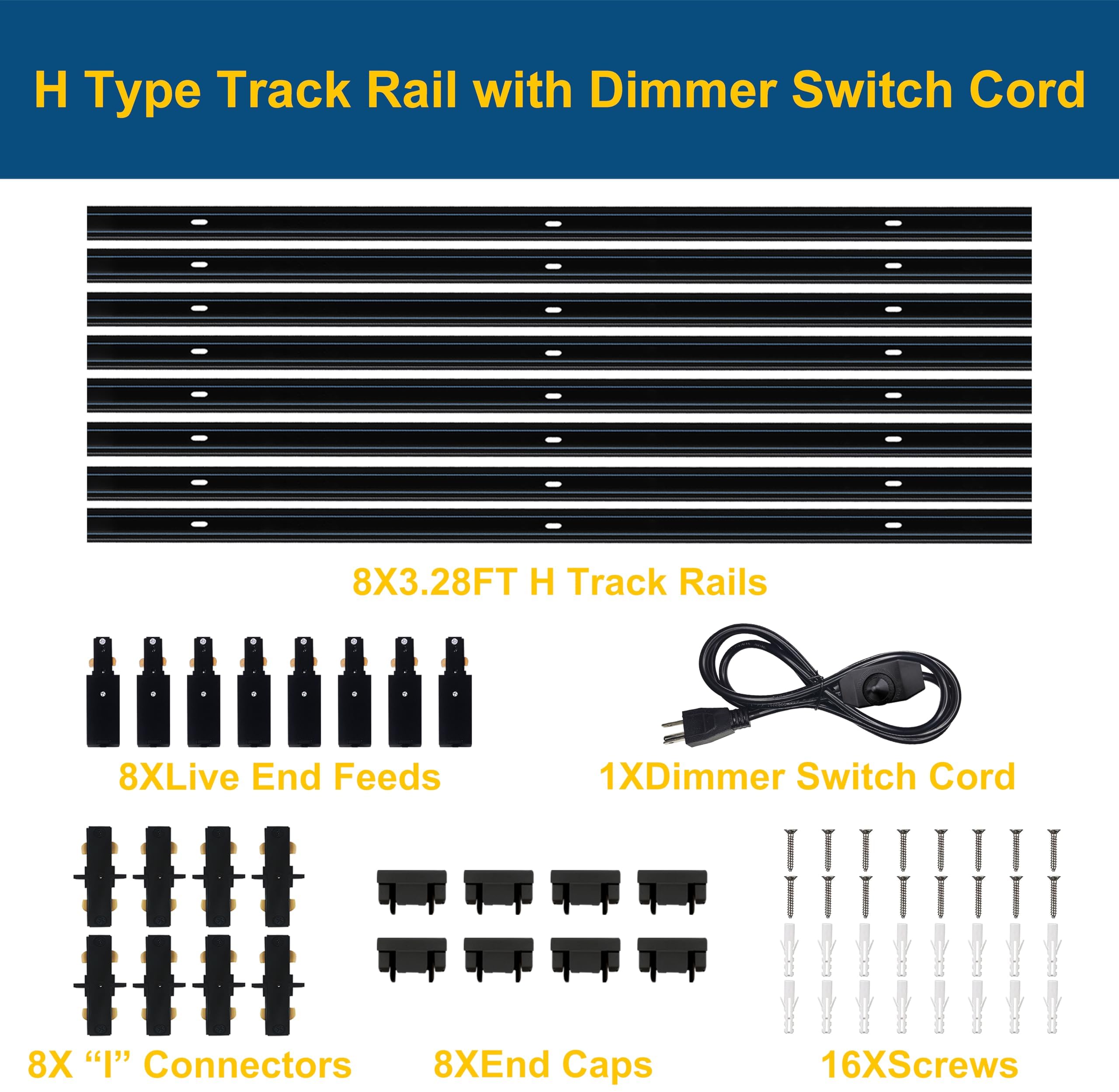 Bravsekai 8PCS H Type Track Lighting Rails Kit with Dimmer Switch, 120V Single Circuit 3-Wire H Track Rail 26FT with Extra 8 I Connectors and Wall Anchors, Made of Aluminum and Strength Guarantee