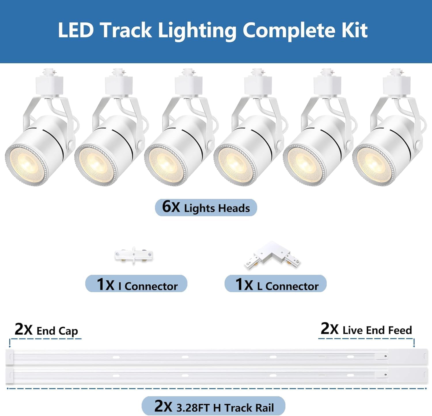 LED Track Lighting Kits, 4000K Natural White PAR20 Track Lighting Heads, Indoor Spotight Fixtures with 2x3.28Ft H Type Track Lights Rails