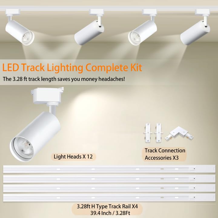 Bravsekai 12 Packs Plug in LED Track Lighting Complete Kits Warm White. 25w x 12 Track Lighting Heads with Extra 13.1Ft Track Rails for Accent Task Wall, Spot Light