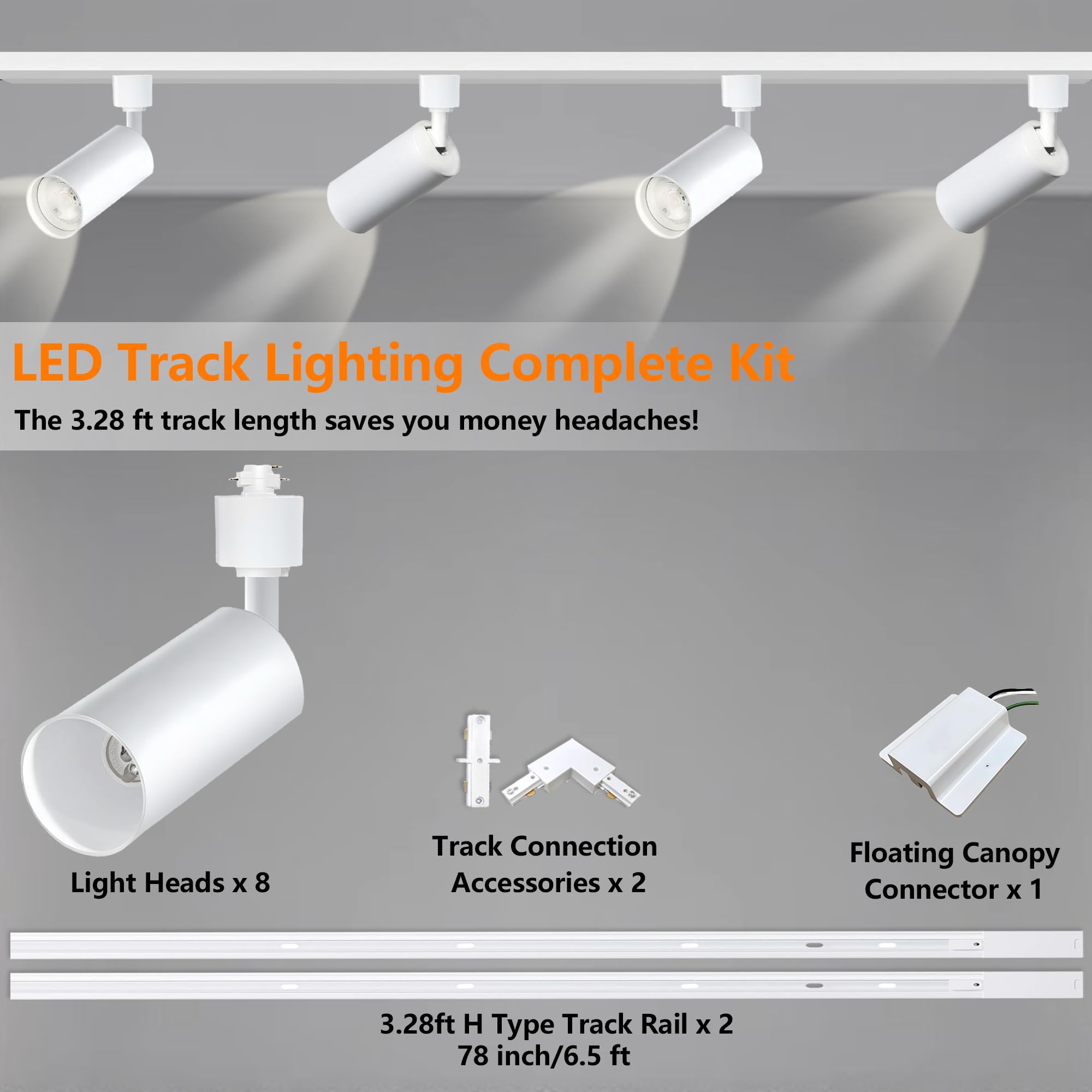 GU10 LED Track Lighting Kit, No Bulbs 10W Track Light Heads with 2 * 3.28FT H Track Light Rail 8PCS Ceiling Spotlight Fixture for GU10 Bulb, Bulbs Excluded