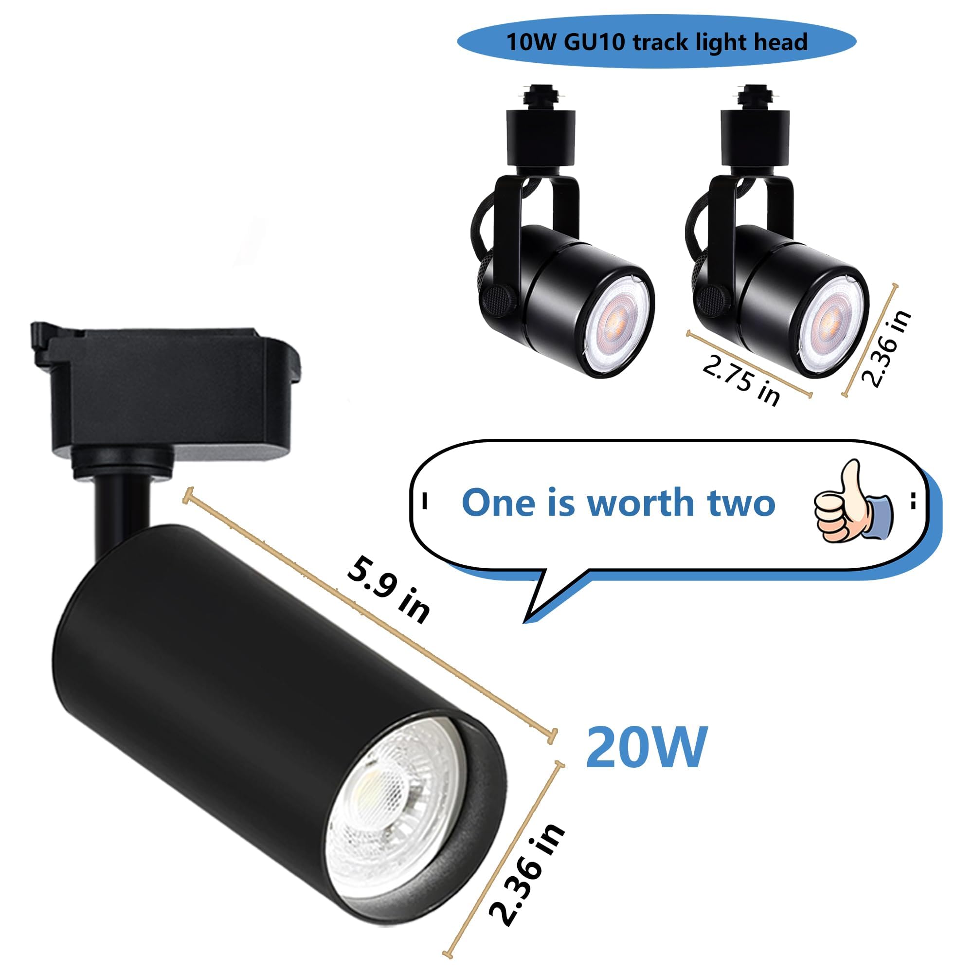 Brightened H Type Track Lighting Heads, 6PCS 3000K Warm White 20W 2400lm for Accent Lighting, Dimmable LED Track Lighting Ceiling Spotlight Fixture