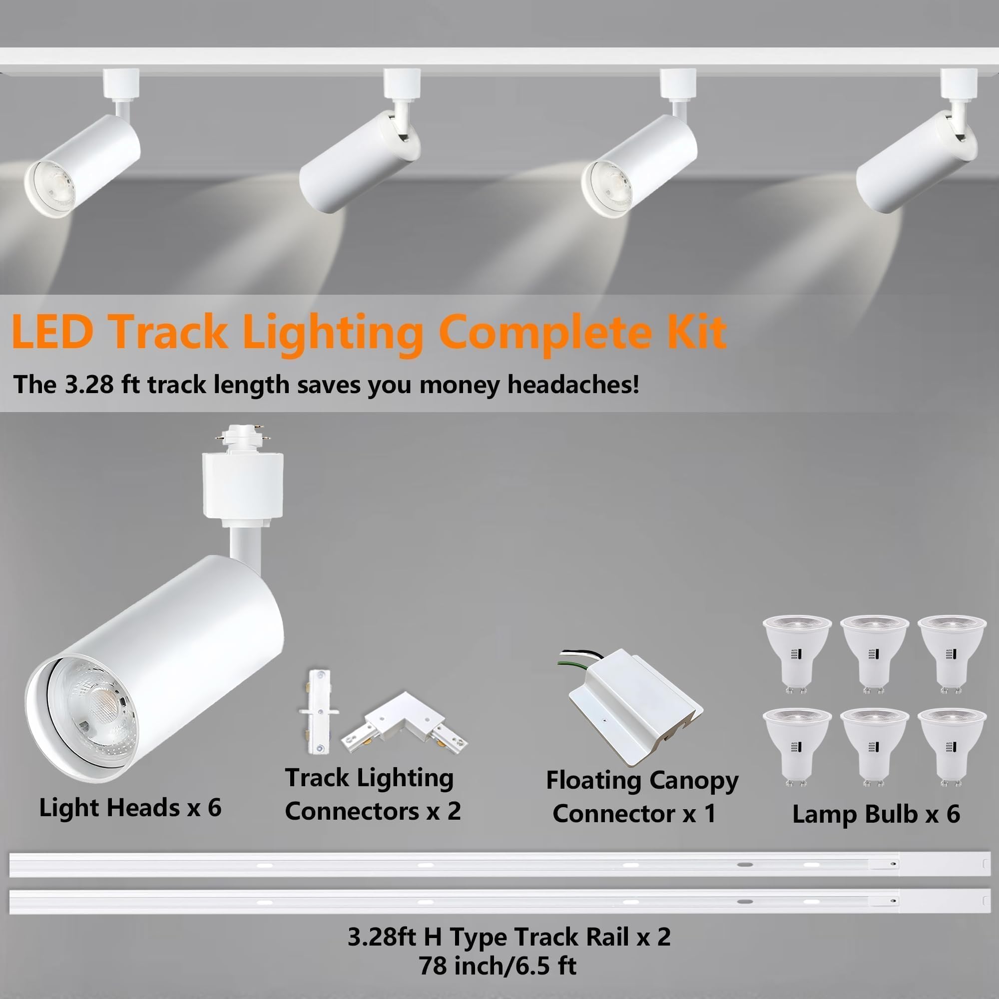 Bravsekai Plug in 3CCT Track Lighting Complete Kit with 2 * 3.28FT H Track Light Rails and 120V 6x10W GU10 Track Lighting Heads Brightness Dimmable Ceiling Spotlight Fixture for Accent Illumination