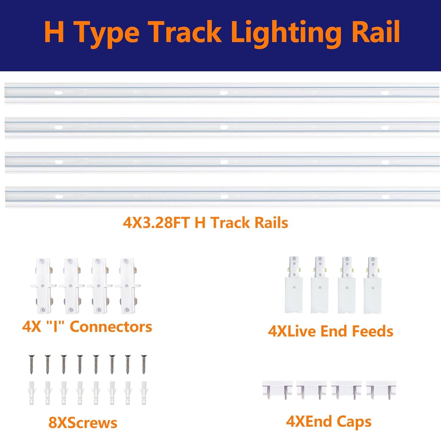 Bravsekai Aluminum Alloy Shell H Type Track Lighting Rails, 4PCS H Track Lighting Rails Kit 120V Single Circuit 3-Wire 13 FT (3.28 FT*4) with Extra I Connector Wall Anchors for H Track Lighting Heads