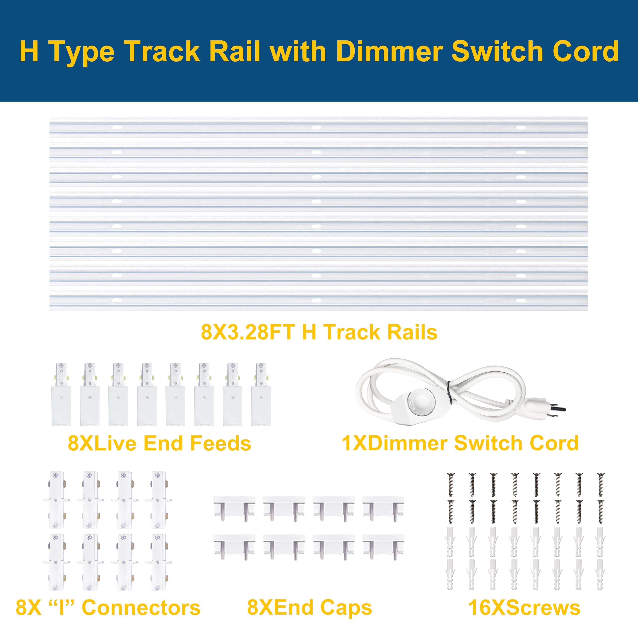 Bravsekai 8PCS H Type Track Lighting Rails Kit with Dimmer Switch, 120V Single Circuit 3-Wire H Track Rail 26FT with Extra 8 I Connectors and Wall Anchors, Made of Aluminum and Strength Guarantee