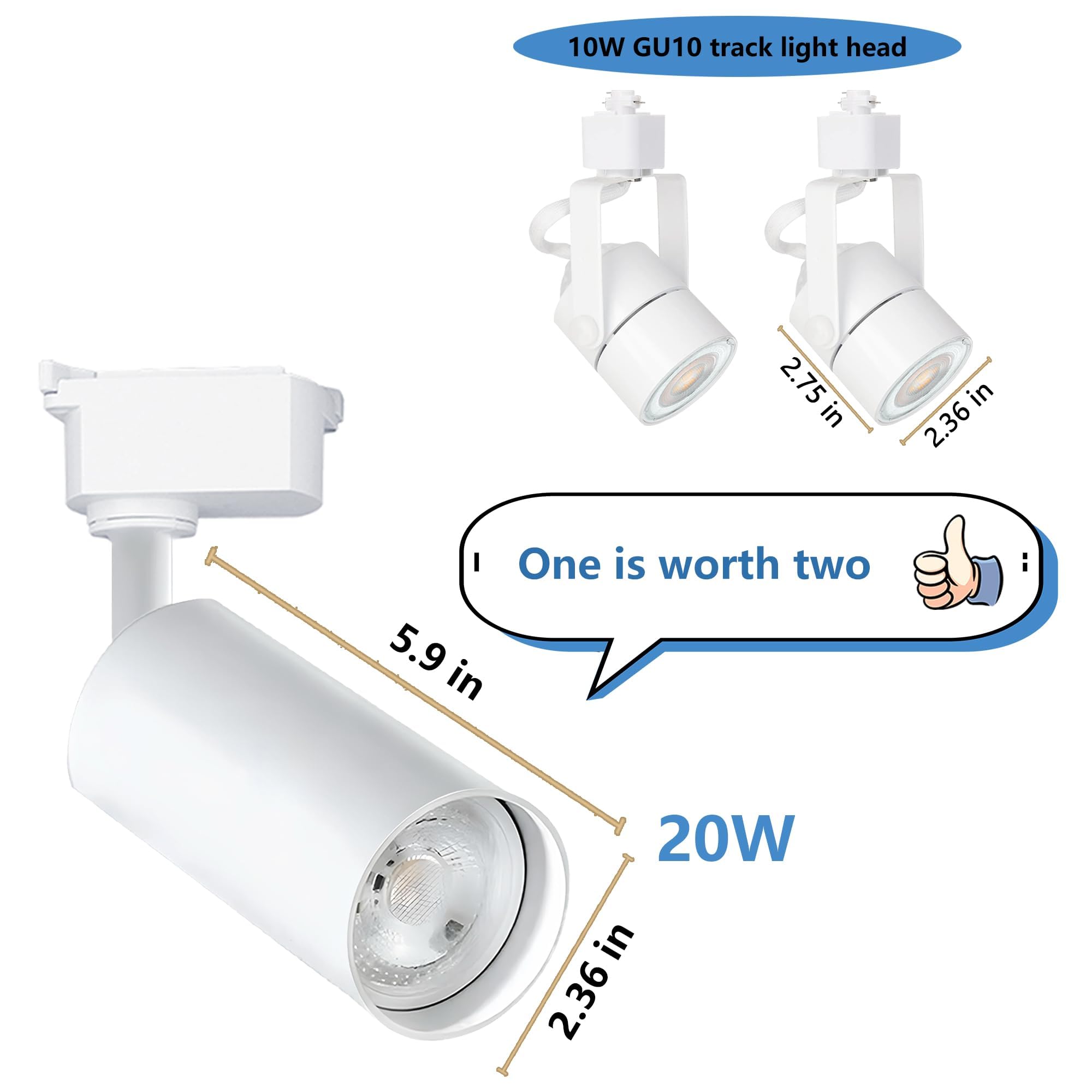 Dimmable H Type Track Lighting Heads, 6PCS Brightened 3000K Warm White 20W 2400lm for Accent Lighting, LED Track Lighting Ceiling Spotlight Fixture