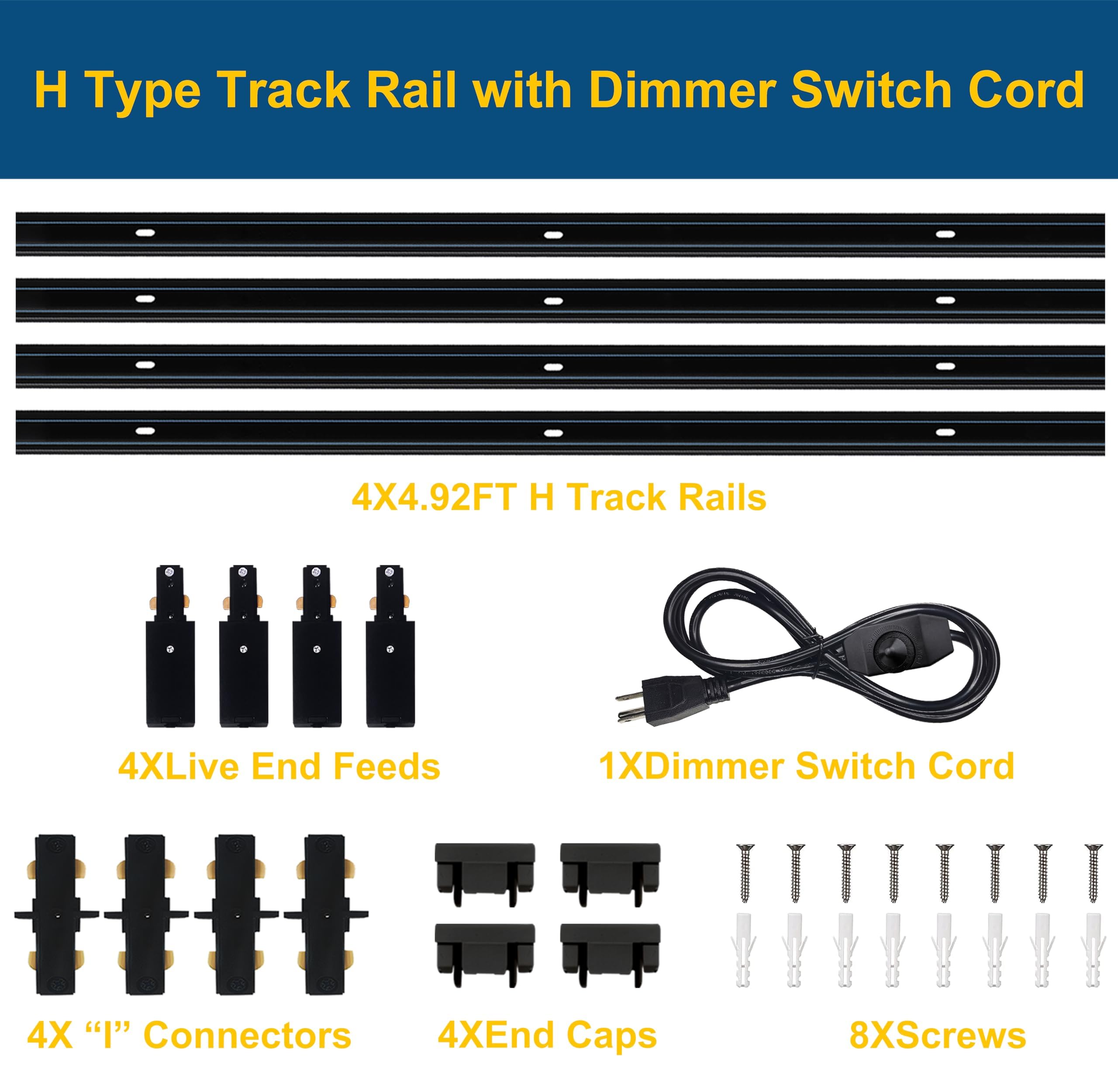 Bravsekai Extra Long H Type Track Lighting Rails Kit with Dimmer Switch for Large Areas 19.7FT Track Lighting System Single Circuit 3-Wire-1 H Track Rail with 4 I Connectors, Made of Aluminum
