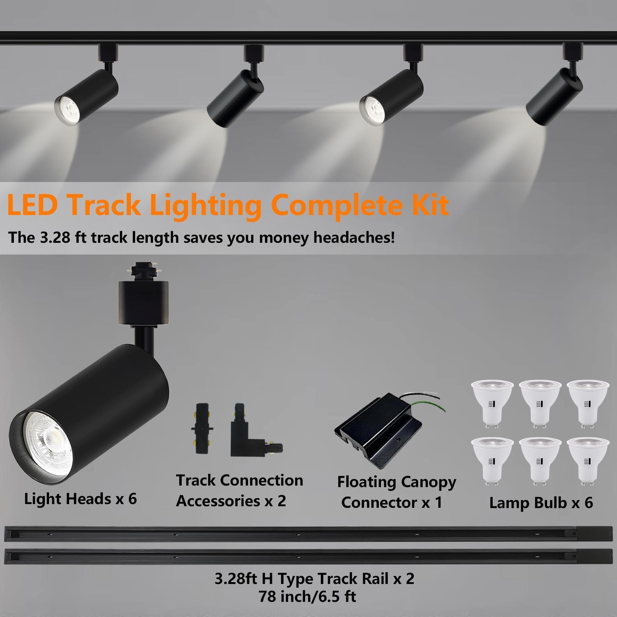 Bravsekai Plug in 3CCT Track Lighting Complete Kit with 2 * 3.28FT H Track Light Rails and 120V 6x10W GU10 Track Lighting Heads Brightness Dimmable Ceiling Spotlight Fixture for Accent Illumination