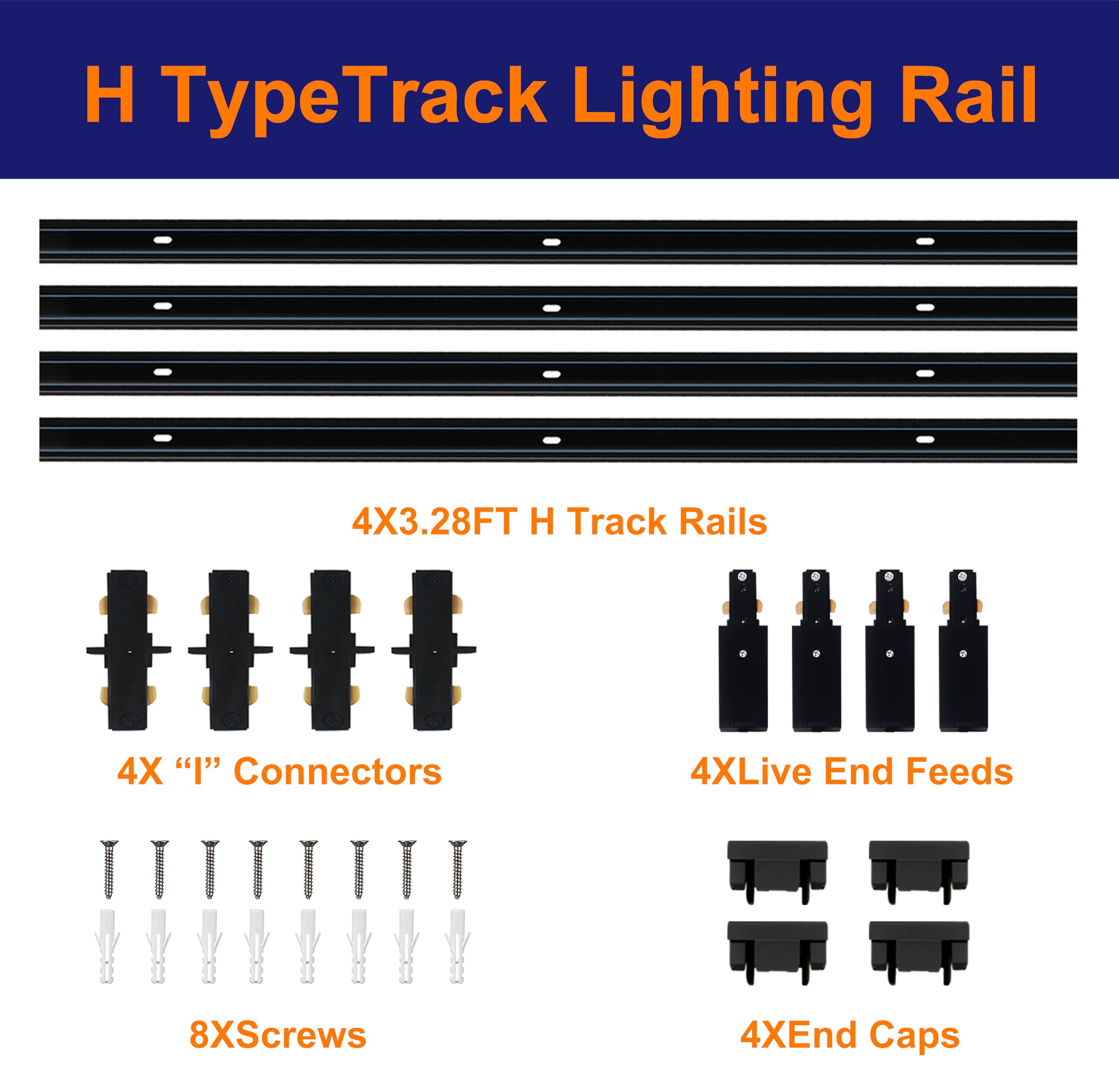 Bravsekai Full Accessories and Rails Kit for H Type Track Lighting Systems 13FT Track Rails, Dimmer Switch Cord, Live End and I Connectors Great Value Set for LED Track Lighting