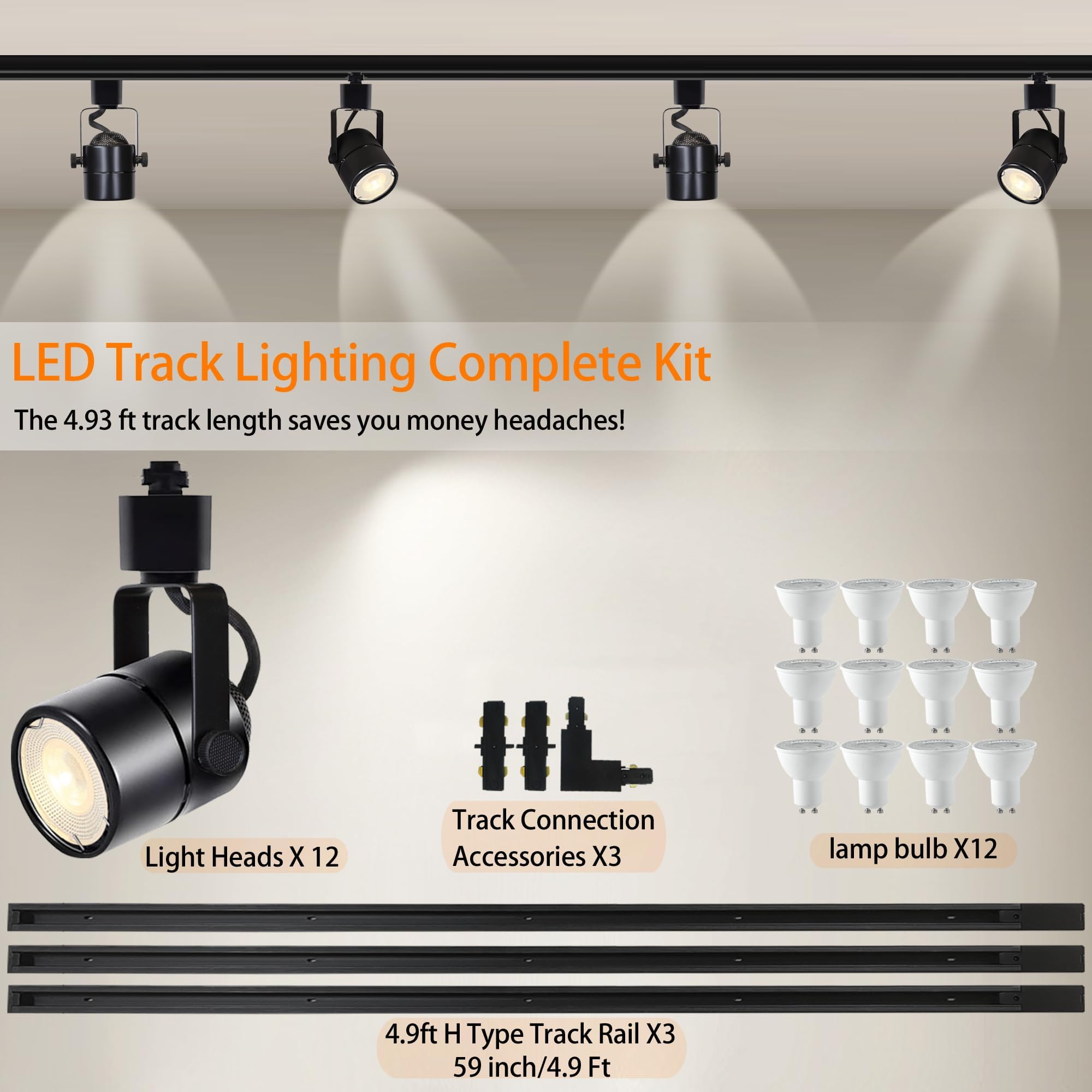 Bravsekai LED Track Lighting Heads Kit 3000K Warm White, 12-Light Dimmable GU10 Track Lights Heads, Ceiling Spotlight Fixture with 14.76FT H Type Track Light Rails, Replaceable GU10 LED Bulbs for Home