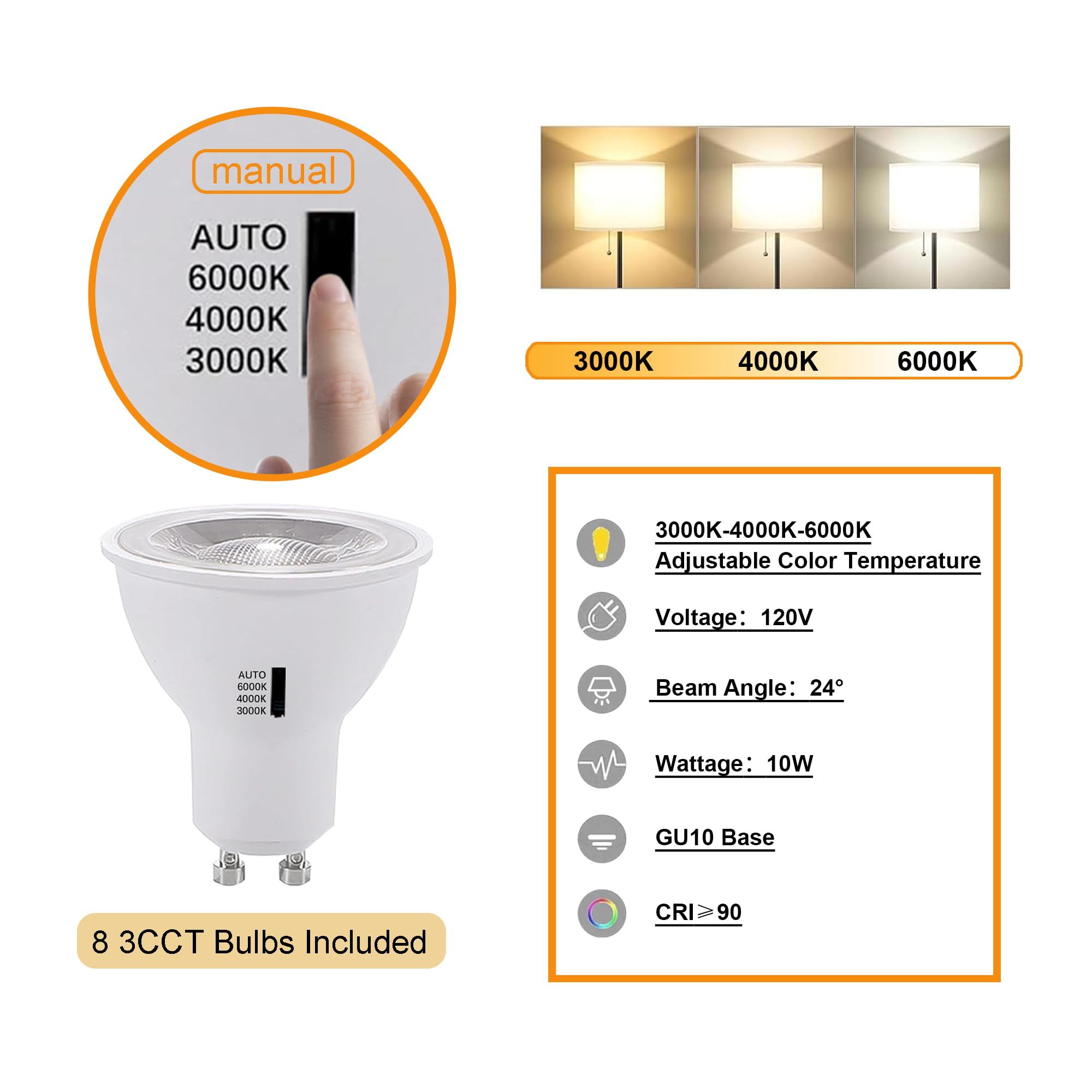 8PCS LED Track Lighting with Advanced Replaceable GU10 Bulbs, Switchable 3CCT(3000K/4000K/6000K) and Dimmable Brightness(20%-100%), Versatile Ceiling Spotlight Fixtures for Any Space