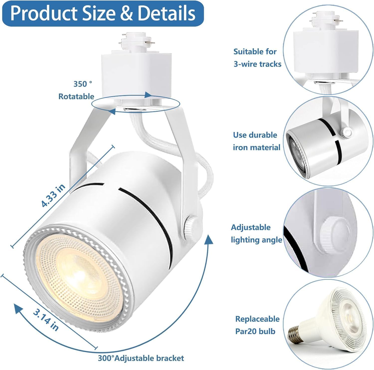 LED Track Lighting Kits, 4000K Natural White PAR20 Track Lighting Heads, Indoor Spotight Fixtures with 2x3.28Ft H Type Track Lights Rails