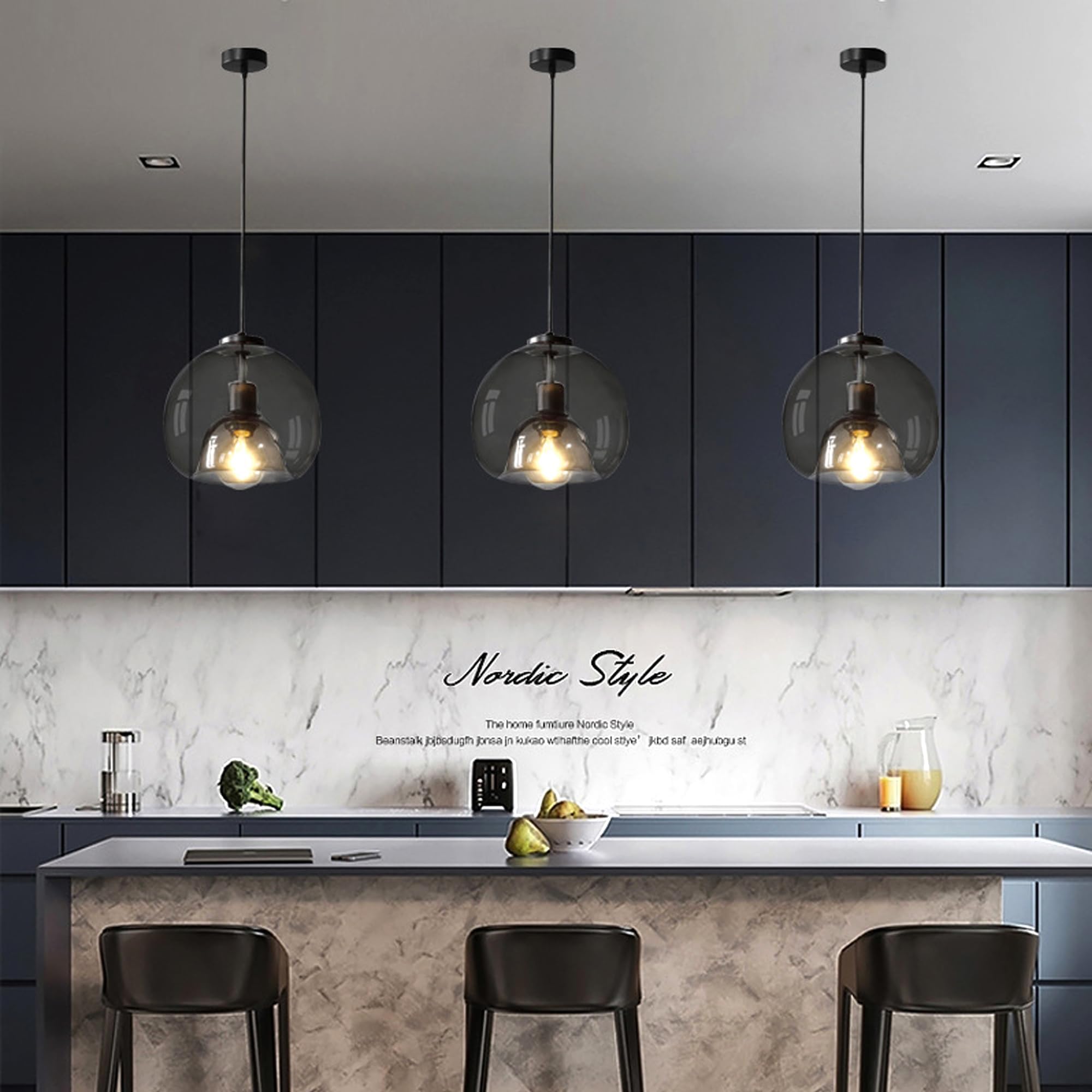 3-Pack Large Smoke Glass Pendant Lights for Kitchen Island, Includes Extra Bulbs & 4.26FT Adjustable Cord, Modern Pendant Lighting Fixtures for Kitchen, Dining Room, Living Room