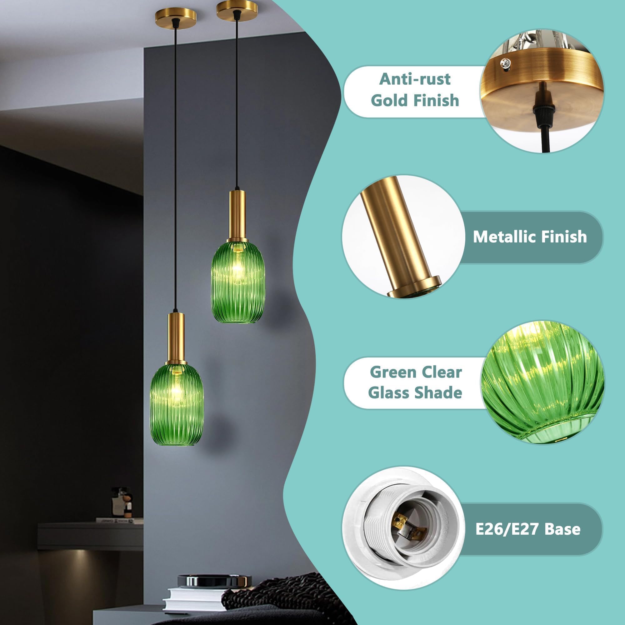Stunning Green Striped Glass Pendant Light Fixture, 7.87", Bonus 2 A60 Bulbs Included, 2-Pack with Flexible Cords – Enchanting Addition to Kitchen Island, Bedroom Décor