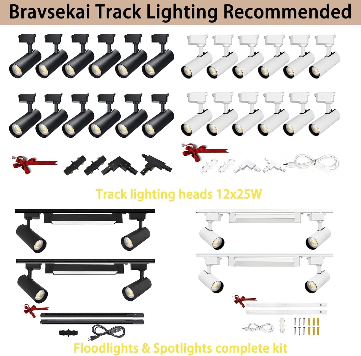Bravsekai Aluminum Alloy Shell H Type Track Lighting Rails, 4PCS H Track Lighting Rails Kit 120V Single Circuit 3-Wire 13 FT (3.28 FT*4) with Extra I Connector Wall Anchors for H Track Lighting Heads