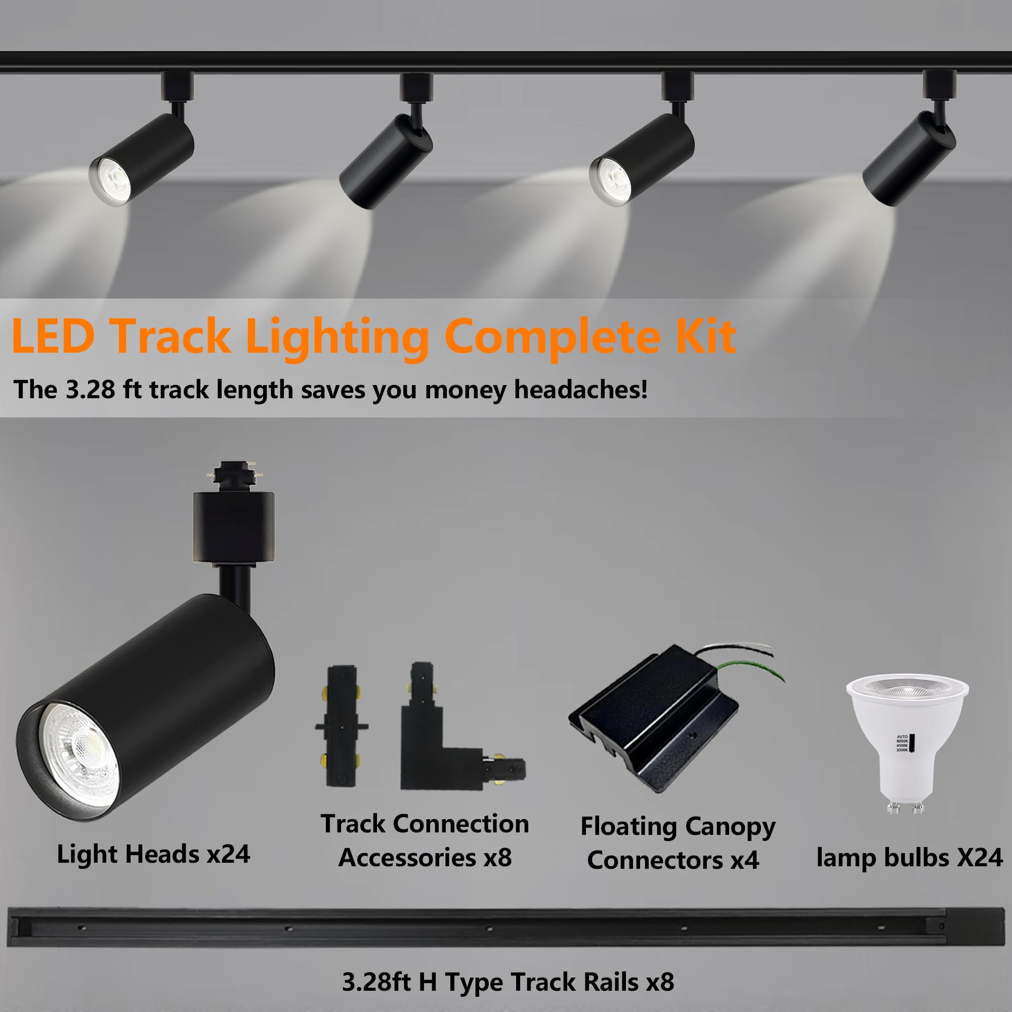 Bravsekai Plug in 3CCT Track Lighting Complete Kit with 8*3.28FT H Track Light Rails and 120V 24x10W GU10 Track Light Heads Brightness Dimmable Ceiling Spotlight Fixture for Accent Lighting