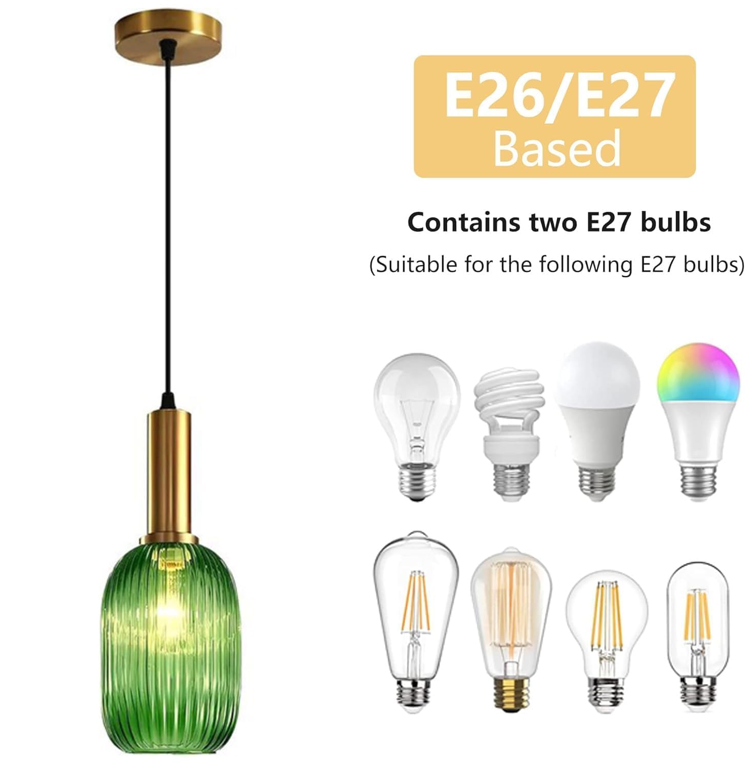 Stunning Green Striped Glass Pendant Light Fixture, 7.87", Bonus 2 A60 Bulbs Included, 2-Pack with Flexible Cords – Enchanting Addition to Kitchen Island, Bedroom Décor