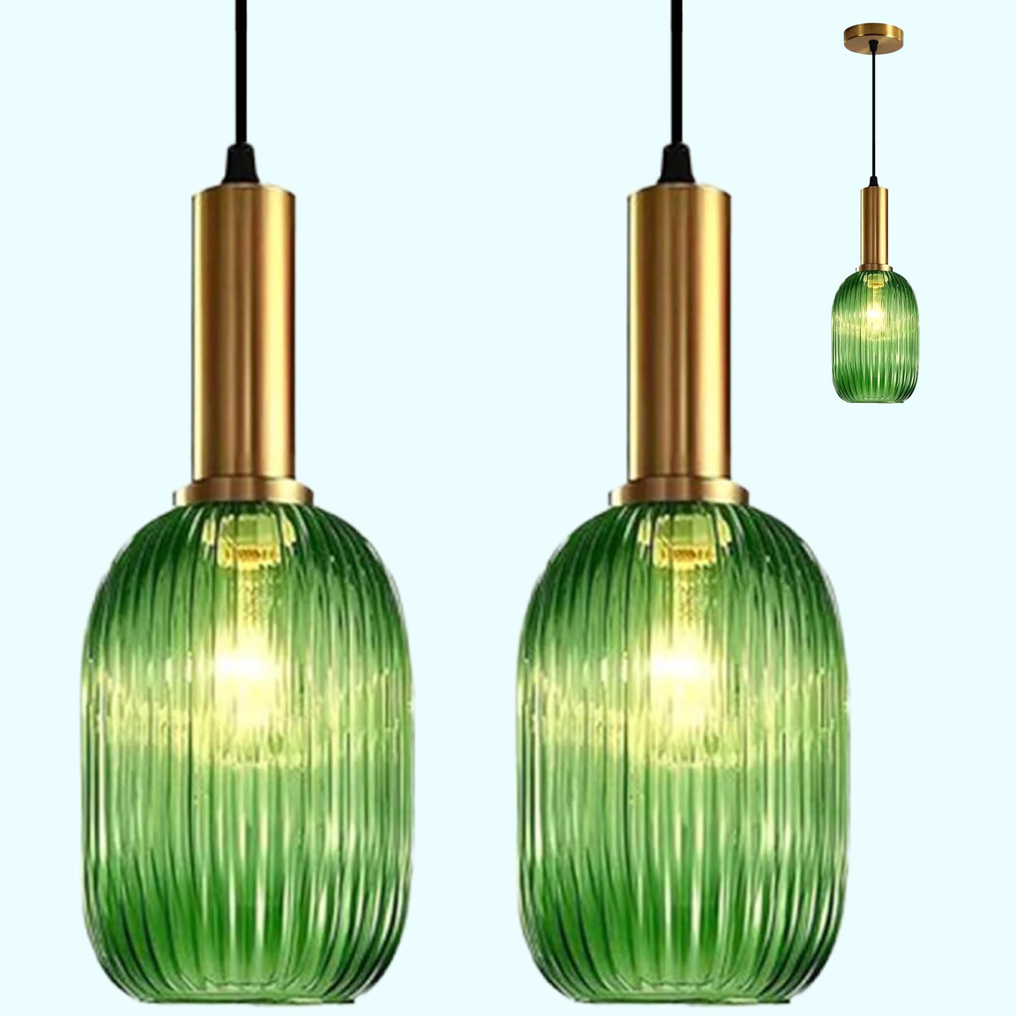 Stunning Green Striped Glass Pendant Light Fixture, 7.87", Bonus 2 A60 Bulbs Included, 2-Pack with Flexible Cords – Enchanting Addition to Kitchen Island, Bedroom Décor