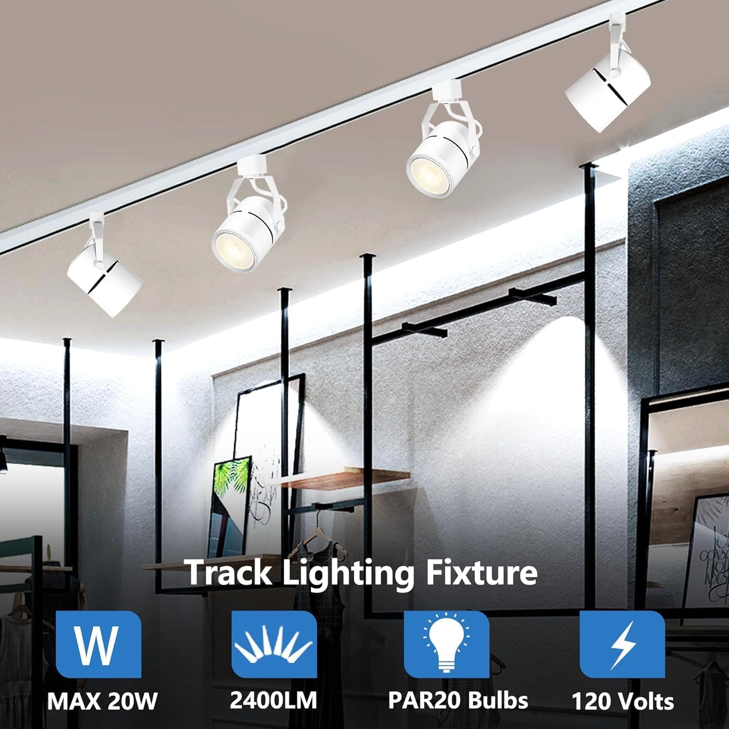 LED Track Lighting Kits, 4000K Natural White PAR20 Track Lighting Heads, Indoor Spotight Fixtures with 2x3.28Ft H Type Track Lights Rails