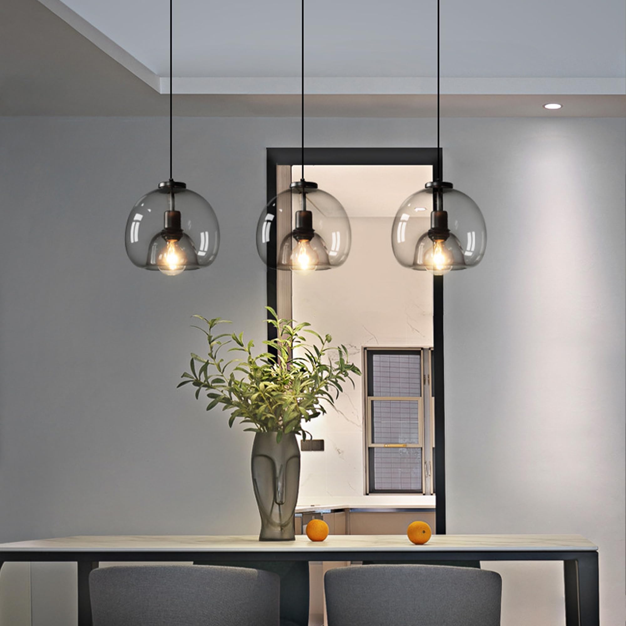 3-Pack Large Smoke Glass Pendant Lights for Kitchen Island, Includes Extra Bulbs & 4.26FT Adjustable Cord, Modern Pendant Lighting Fixtures for Kitchen, Dining Room, Living Room