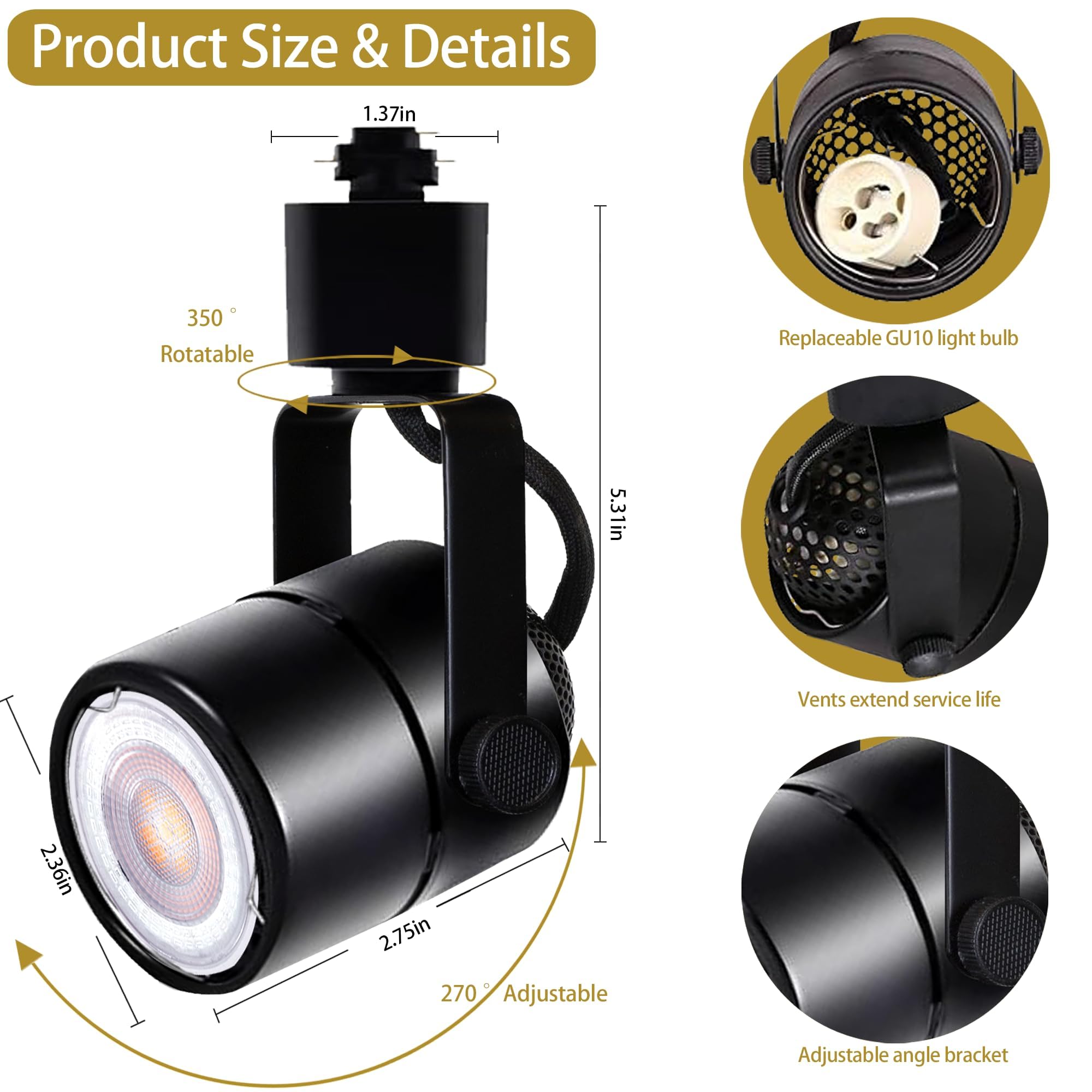 LED Track Lighting Heads Kit, 6-Lights Dimmable GU10 Track Lights with 6.56FT(3.28 * 2) H Type Track Light Rails, 10W 4000K Warm Light Indoor Ceiling Spotlight Fixture Replaceable GU10 Bulb