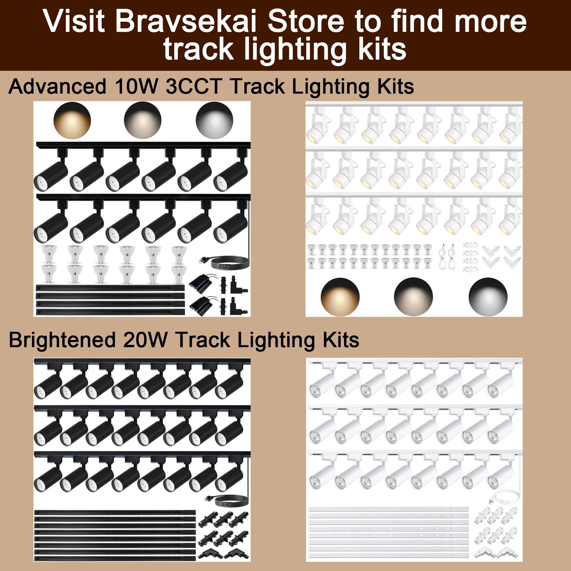 Bravsekai Extra Long H Type Track Lighting Rails Kit with Dimmer Switch for Large Areas 19.7FT Track Lighting System Single Circuit 3-Wire-1 H Track Rail with 4 I Connectors, Made of Aluminum