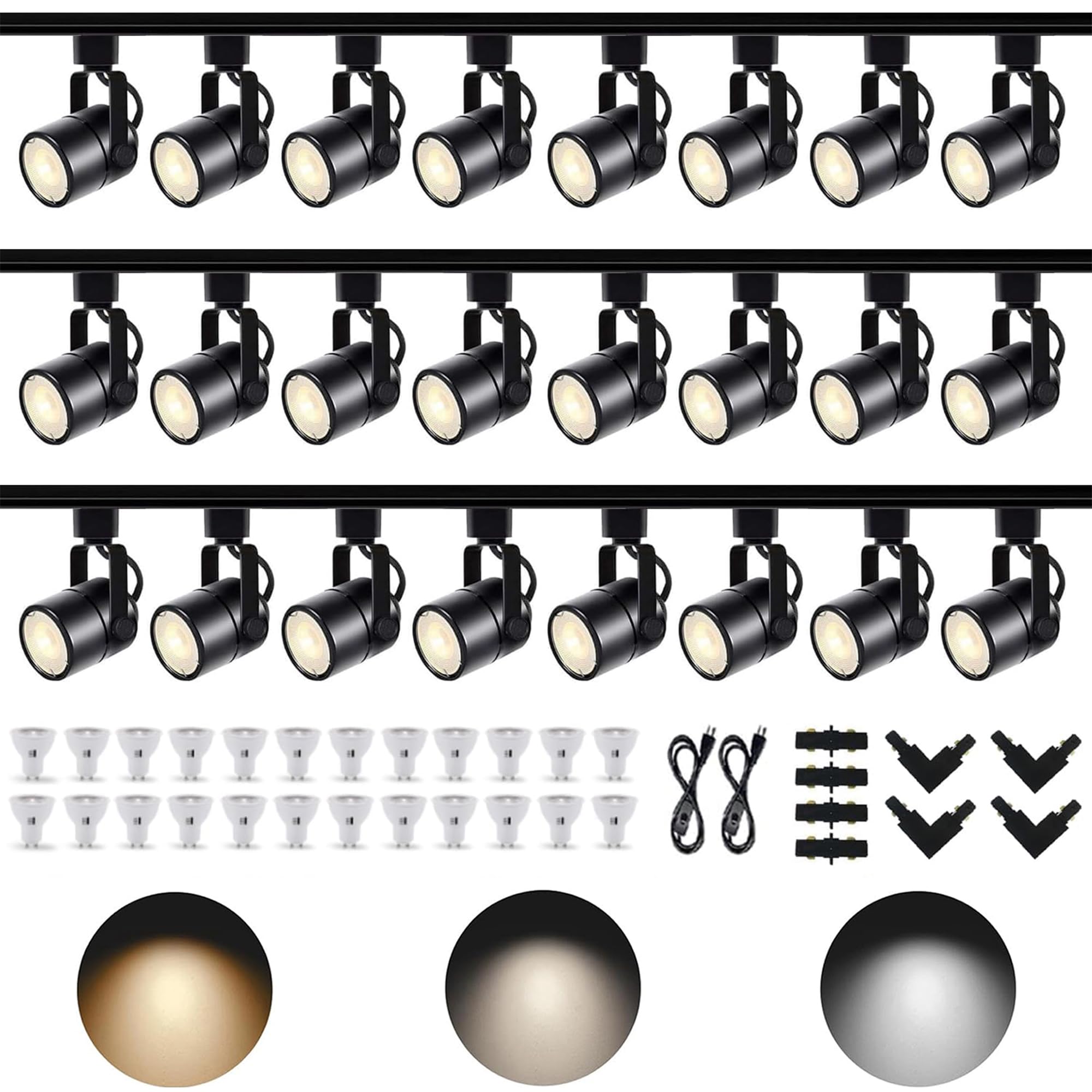 LED Track Lighting Kit, 3CCT 10W Track Lights Heads 3000K/4000K/6000K Adjustable with 26.24FT H-Type Track Light Rails 24PCS Ceiling Spotlight Fixture Replaceable GU10 Bulb
