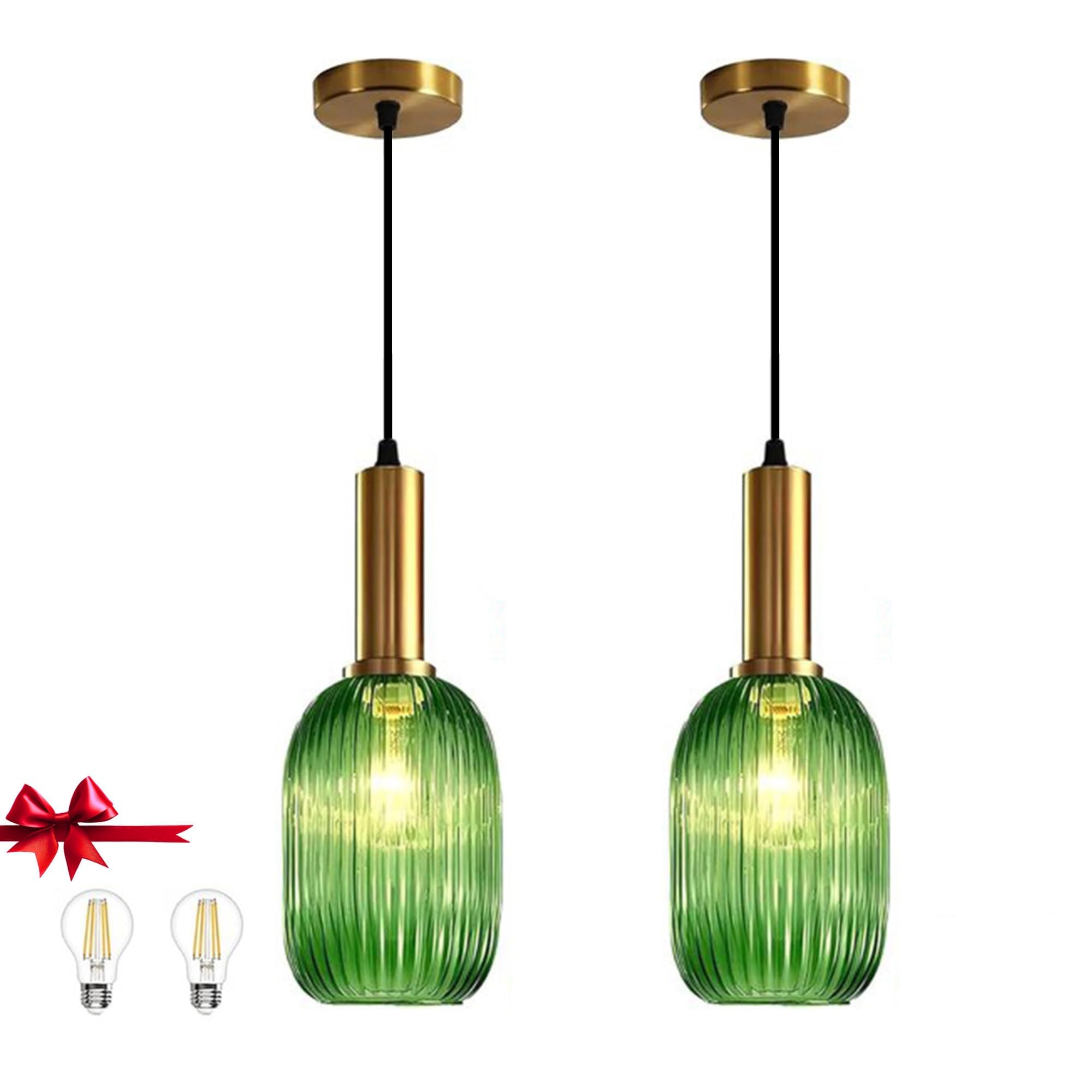 Stunning Green Striped Glass Pendant Light Fixture, 7.87", Bonus 2 A60 Bulbs Included, 2-Pack with Flexible Cords – Enchanting Addition to Kitchen Island, Bedroom Décor