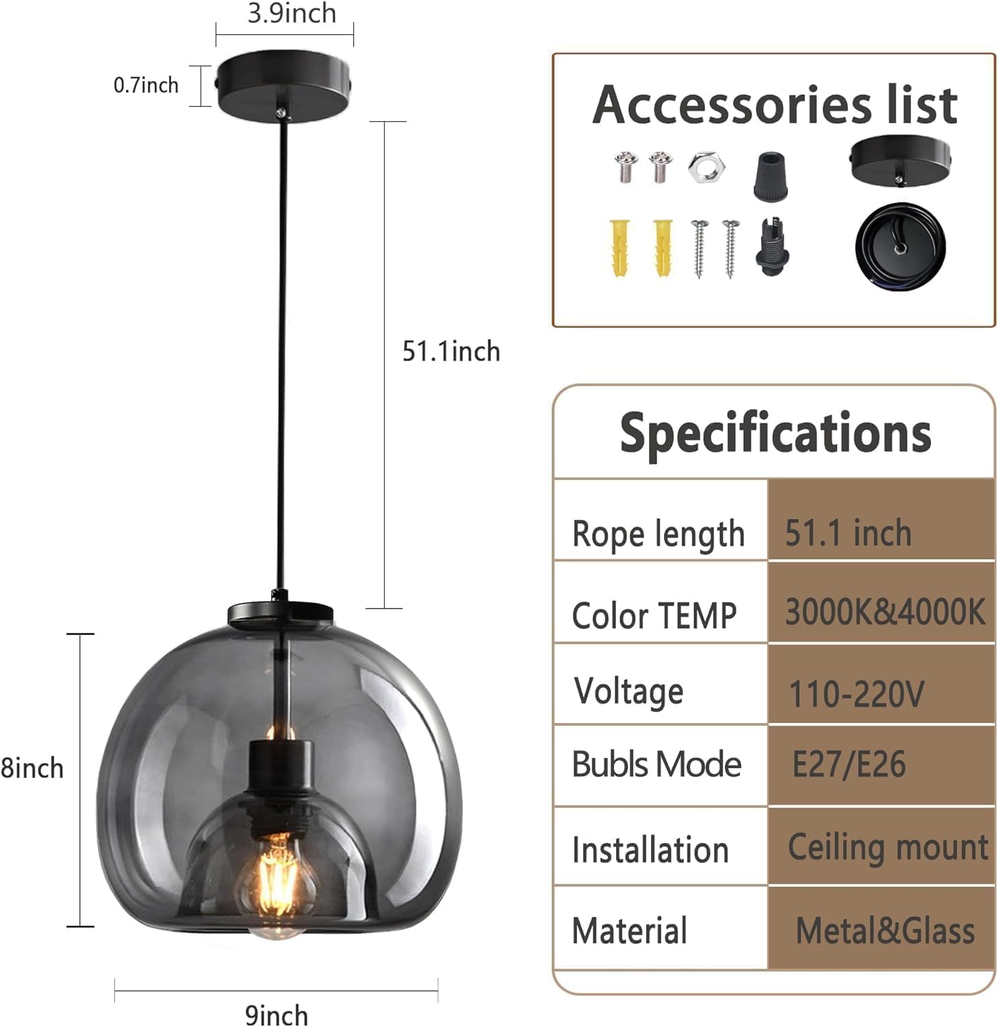Large Smoke Glass Pendant Light for Kitchen Island, Includes Extra Bulbs & 4.26FT Adjustable Cord, Modern Pendant Lighting Fixtures for Kitchen, Dining Room, Living Room