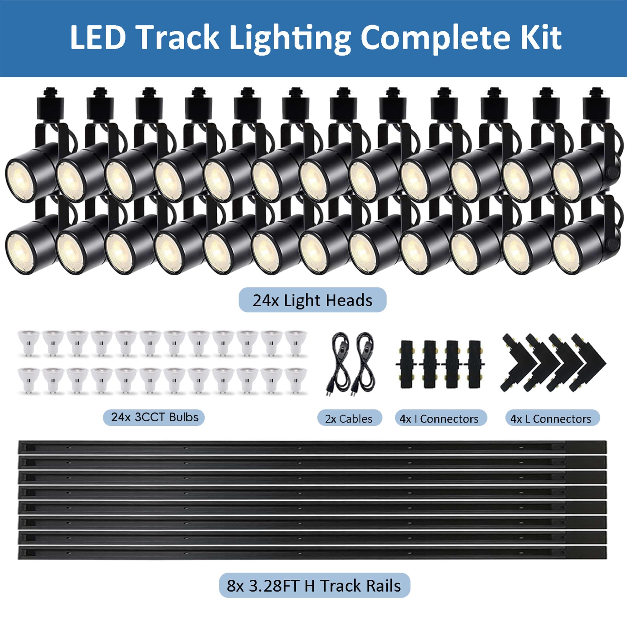 LED Track Lighting Kit, 3CCT 10W Track Lights Heads 3000K/4000K/6000K Adjustable with 26.24FT H-Type Track Light Rails 24PCS Ceiling Spotlight Fixture Replaceable GU10 Bulb