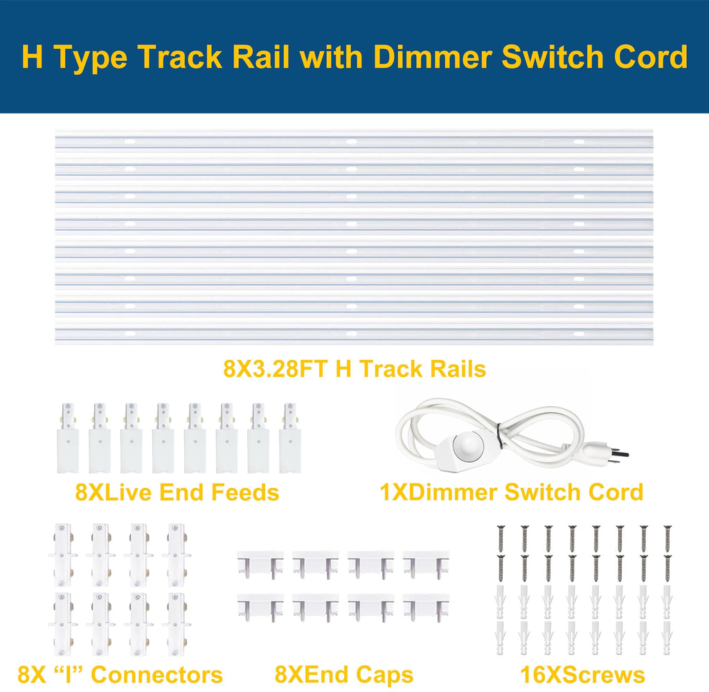 Bravsekai 8PCS H Type Track Lighting Rails Kit with Dimmer Switch, 120V Single Circuit 3-Wire H Track Rail 26FT with Extra 8 I Connectors and Wall Anchors, Made of Aluminum and Strength Guarantee