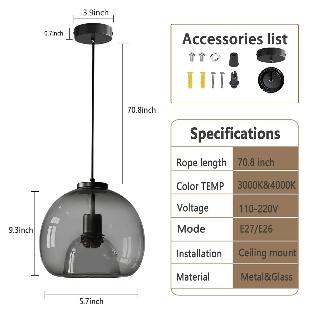3-Pack Large Smoke Glass Pendant Lights for Kitchen Island, Includes Extra Bulbs & 4.26FT Adjustable Cord, Modern Pendant Lighting Fixtures for Kitchen, Dining Room, Living Room