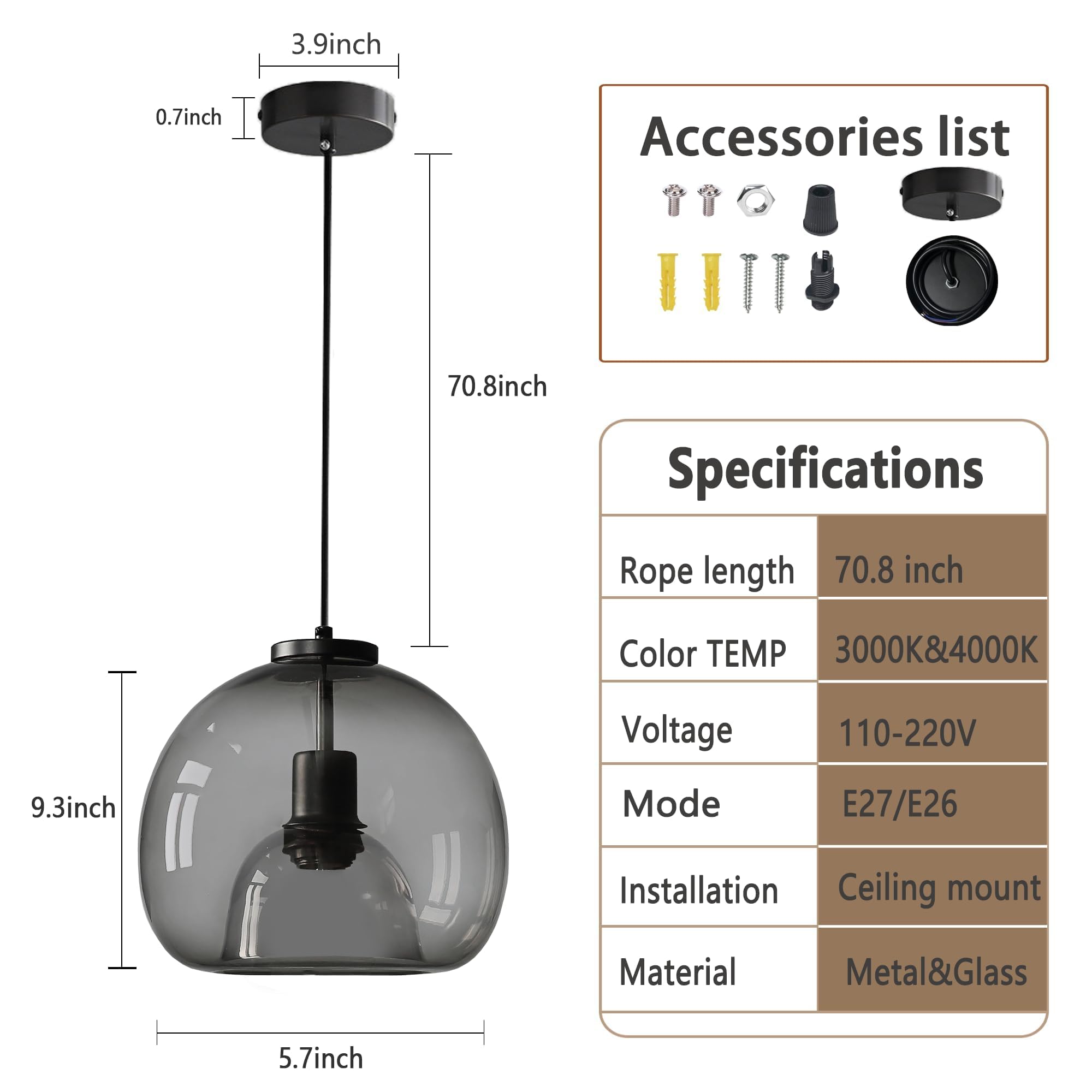 3-Pack Large Smoke Glass Pendant Lights for Kitchen Island, Includes Extra Bulbs & 4.26FT Adjustable Cord, Modern Pendant Lighting Fixtures for Kitchen, Dining Room, Living Room