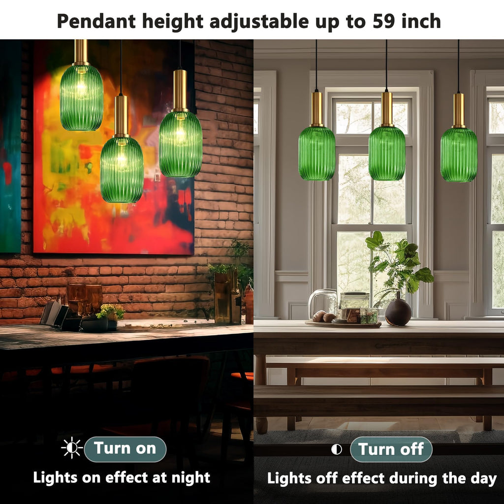 Stunning Green Striped Glass Pendant Light Fixture, 7.87", Bonus 2 A60 Bulbs Included, 2-Pack with Flexible Cords – Enchanting Addition to Kitchen Island, Bedroom Décor