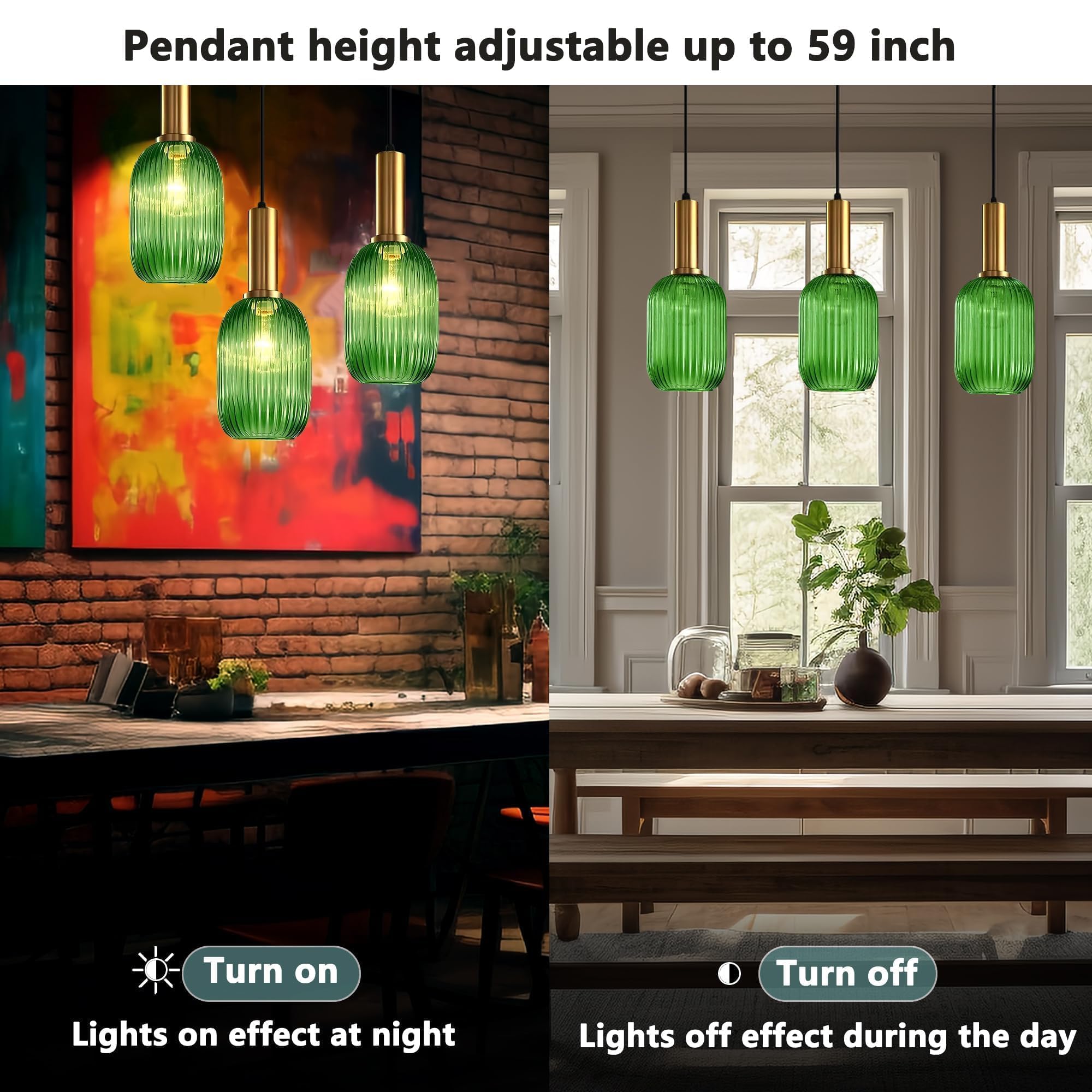 Stunning Green Striped Glass Pendant Light Fixture, 7.87", Bonus 2 A60 Bulbs Included, 2-Pack with Flexible Cords – Enchanting Addition to Kitchen Island, Bedroom Décor
