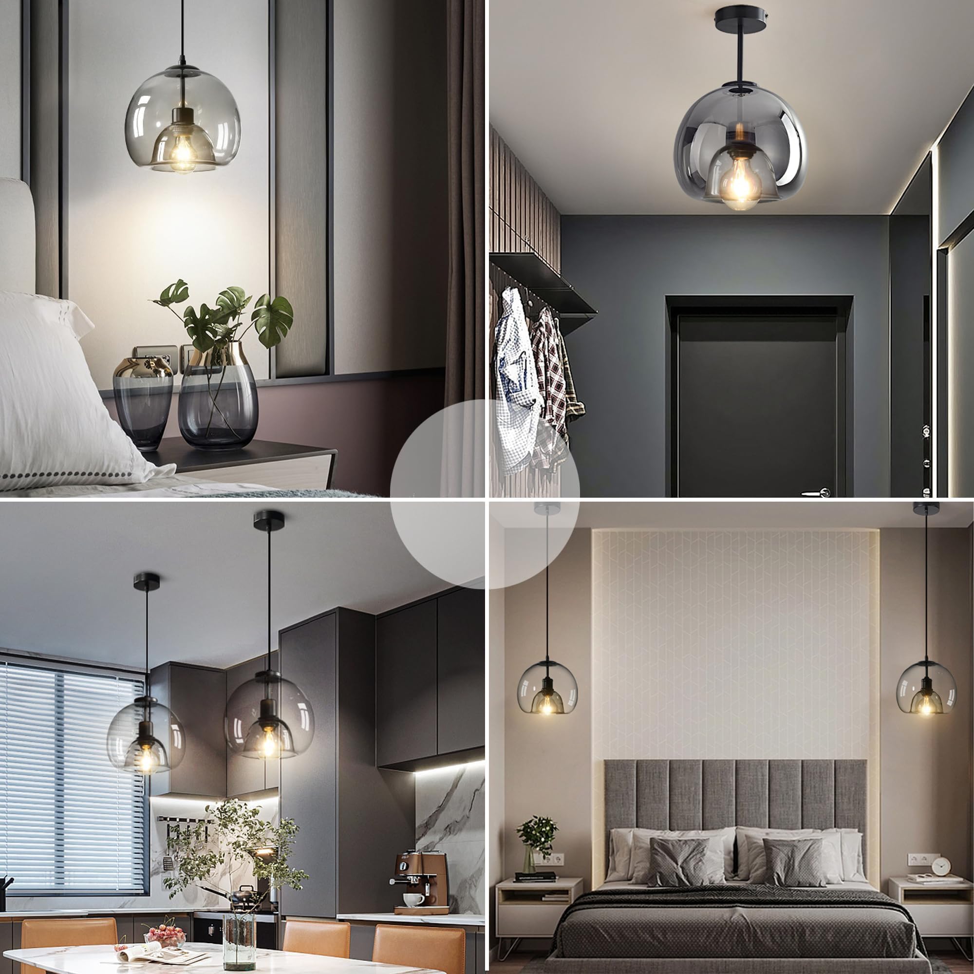 Large Smoke Glass Pendant Light for Kitchen Island, Includes Extra Bulbs & 4.26FT Adjustable Cord, Modern Pendant Lighting Fixtures for Kitchen, Dining Room, Living Room