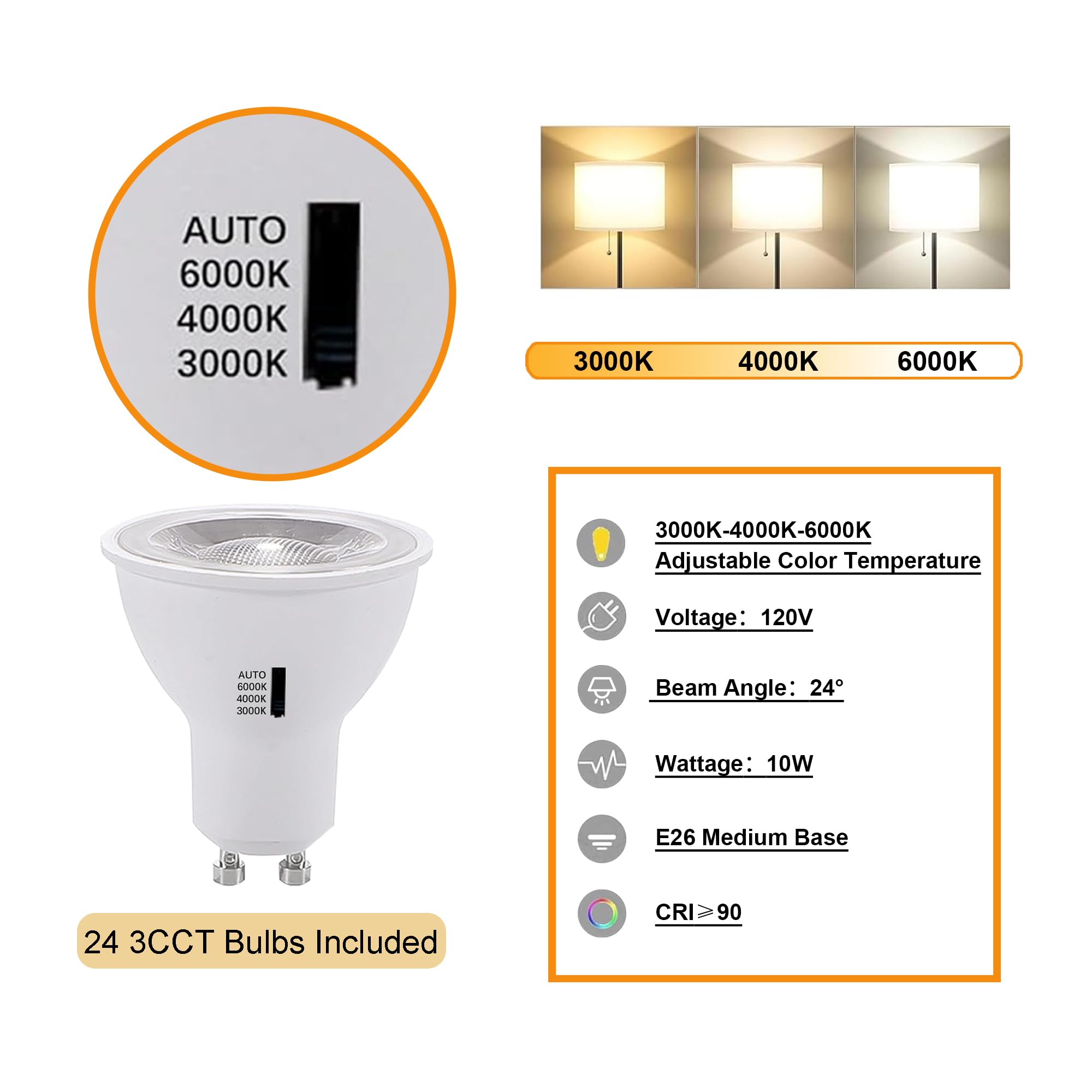 LED Track Lighting Kit, 3CCT 10W Track Lights Heads 3000K/4000K/6000K Adjustable with 26.24FT H-Type Track Light Rails 24PCS Ceiling Spotlight Fixture Replaceable GU10 Bulb
