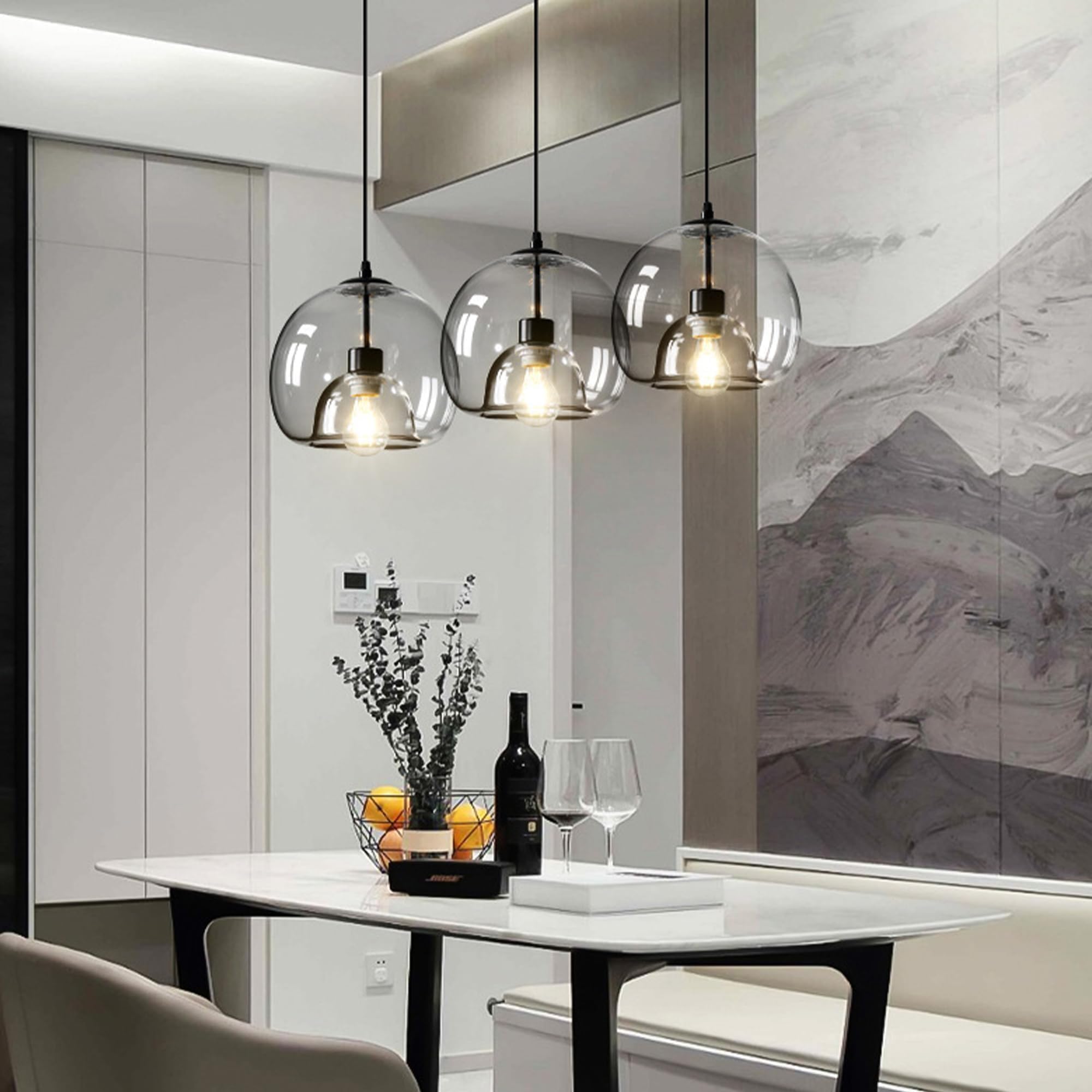 Large Smoke Glass Pendant Light for Kitchen Island, Includes Extra Bulbs & 4.26FT Adjustable Cord, Modern Pendant Lighting Fixtures for Kitchen, Dining Room, Living Room