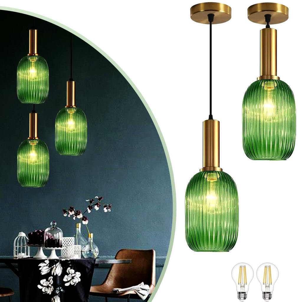 Stunning Green Striped Glass Pendant Light Fixture, 7.87", Bonus 2 A60 Bulbs Included, 2-Pack with Flexible Cords – Enchanting Addition to Kitchen Island, Bedroom Décor