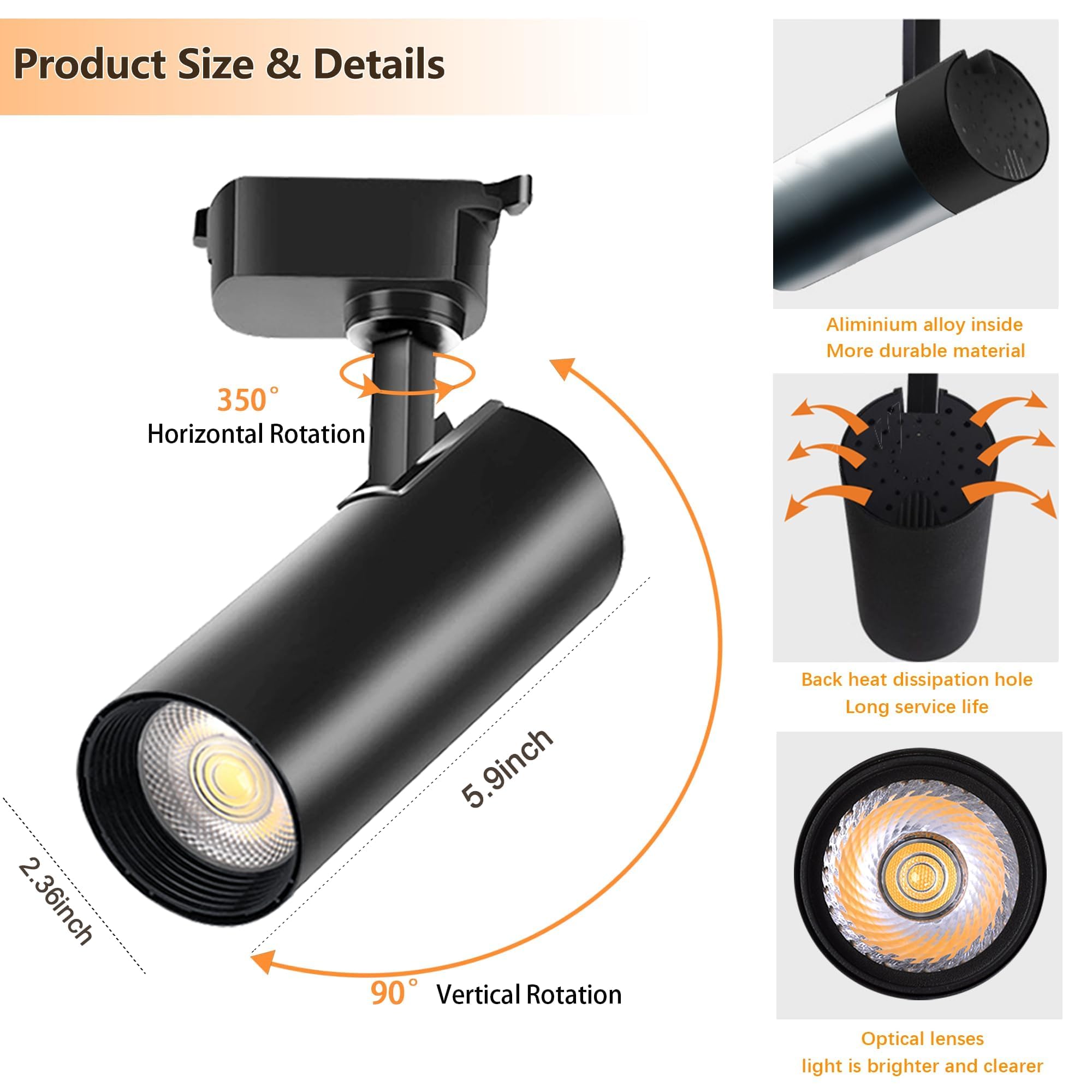 Brightened H Type Track Lighting Heads, 6PCS 3000K Warm White 20W 2400lm for Accent Lighting, Dimmable LED Track Lighting Ceiling Spotlight Fixture