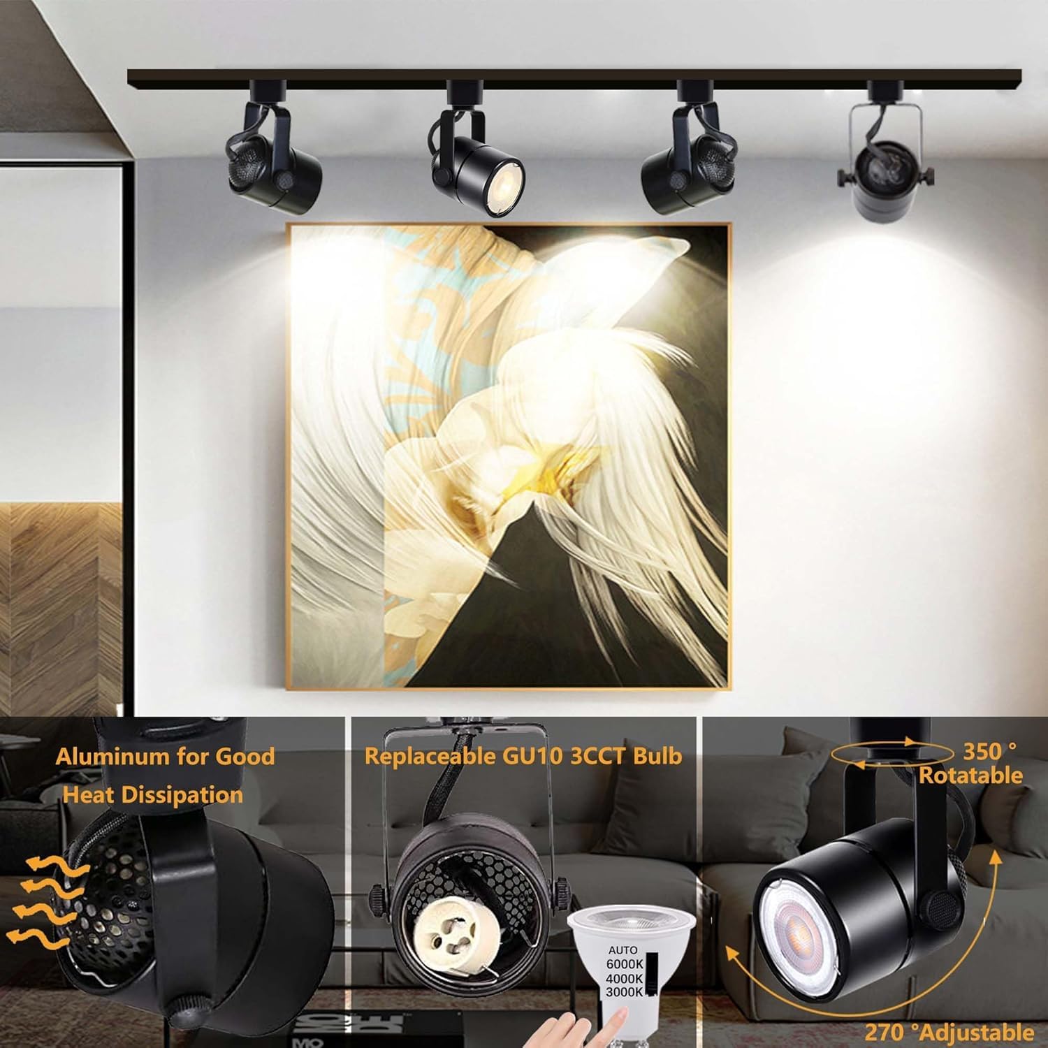 LED Track Lighting Kit, 3CCT 10W Track Lights Heads 3000K/4000K/6000K Adjustable with 26.24FT H-Type Track Light Rails 24PCS Ceiling Spotlight Fixture Replaceable GU10 Bulb
